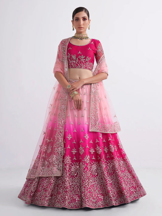 Rani Pink Shaded Heavy Embroidered Net Lehenga