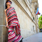 Deep Red & Golden Striped Printed Satin Crepe Silk Statement Saree