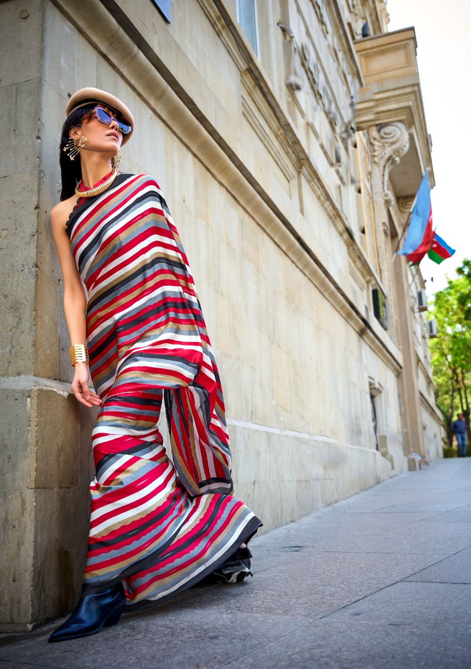 Deep Red & Golden Striped Printed Satin Crepe Silk Statement Saree