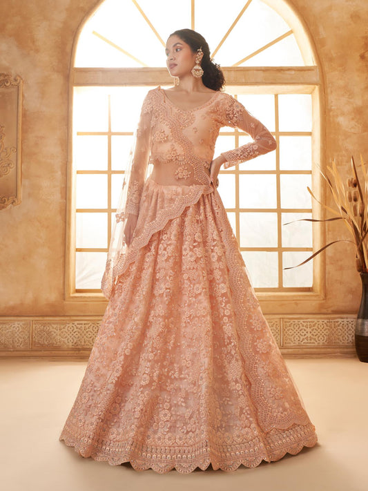 Scanty Peach Heavy Embroidered Net Lehenga Choli With Dupatta