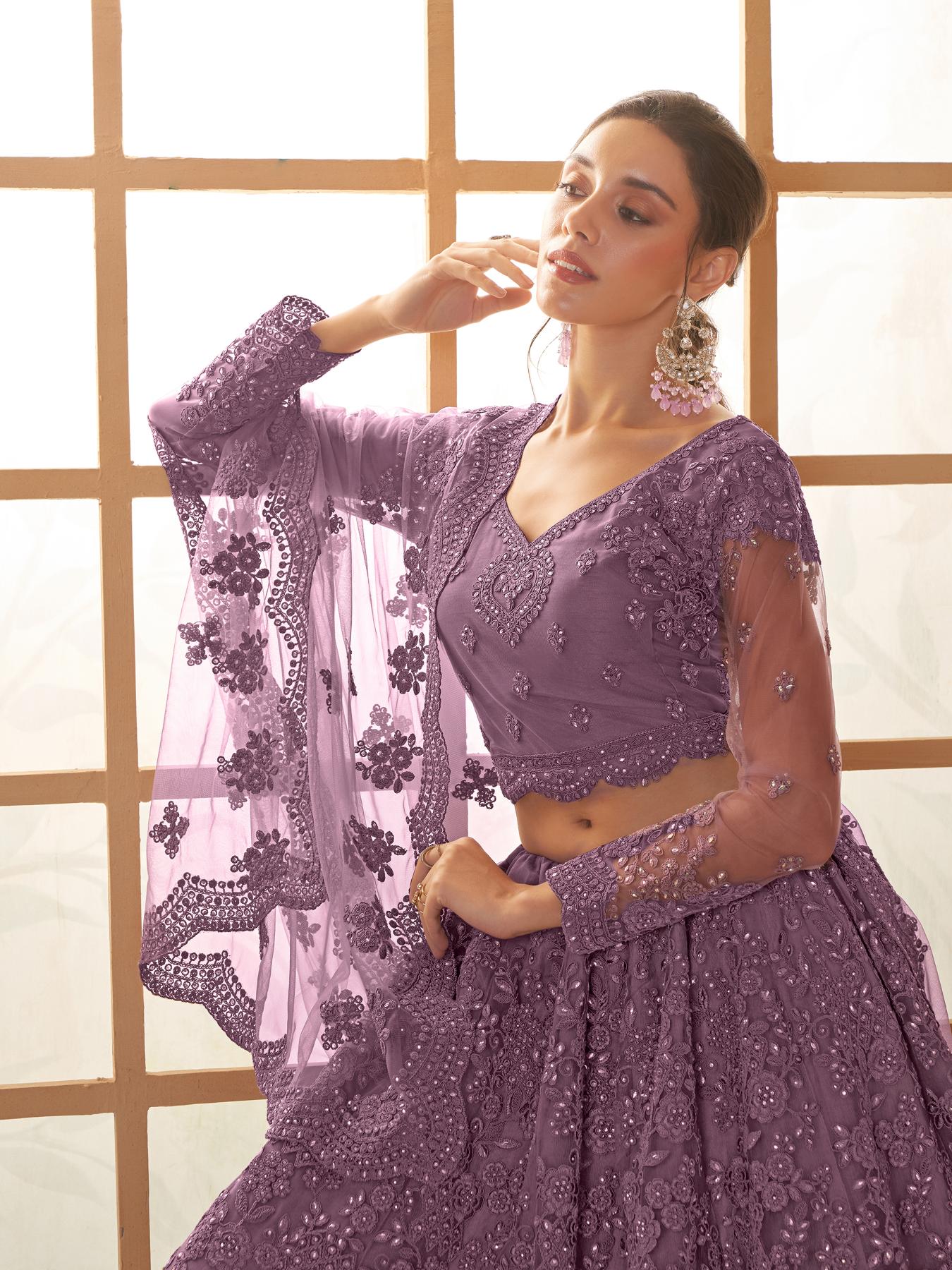 Purple Heavy Embroidered Net Lehenga Choli With Dupatta