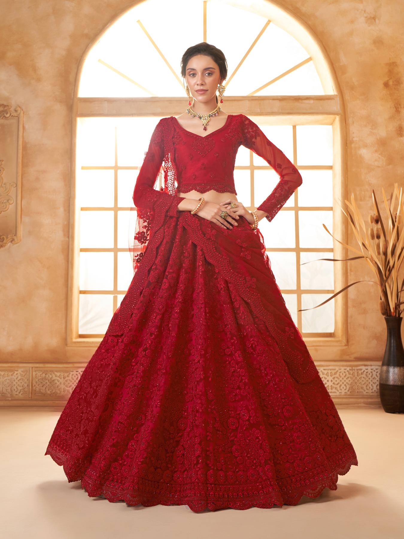 Scarlet Red Heavy Embroidered Net Lehenga Choli With Dupatta