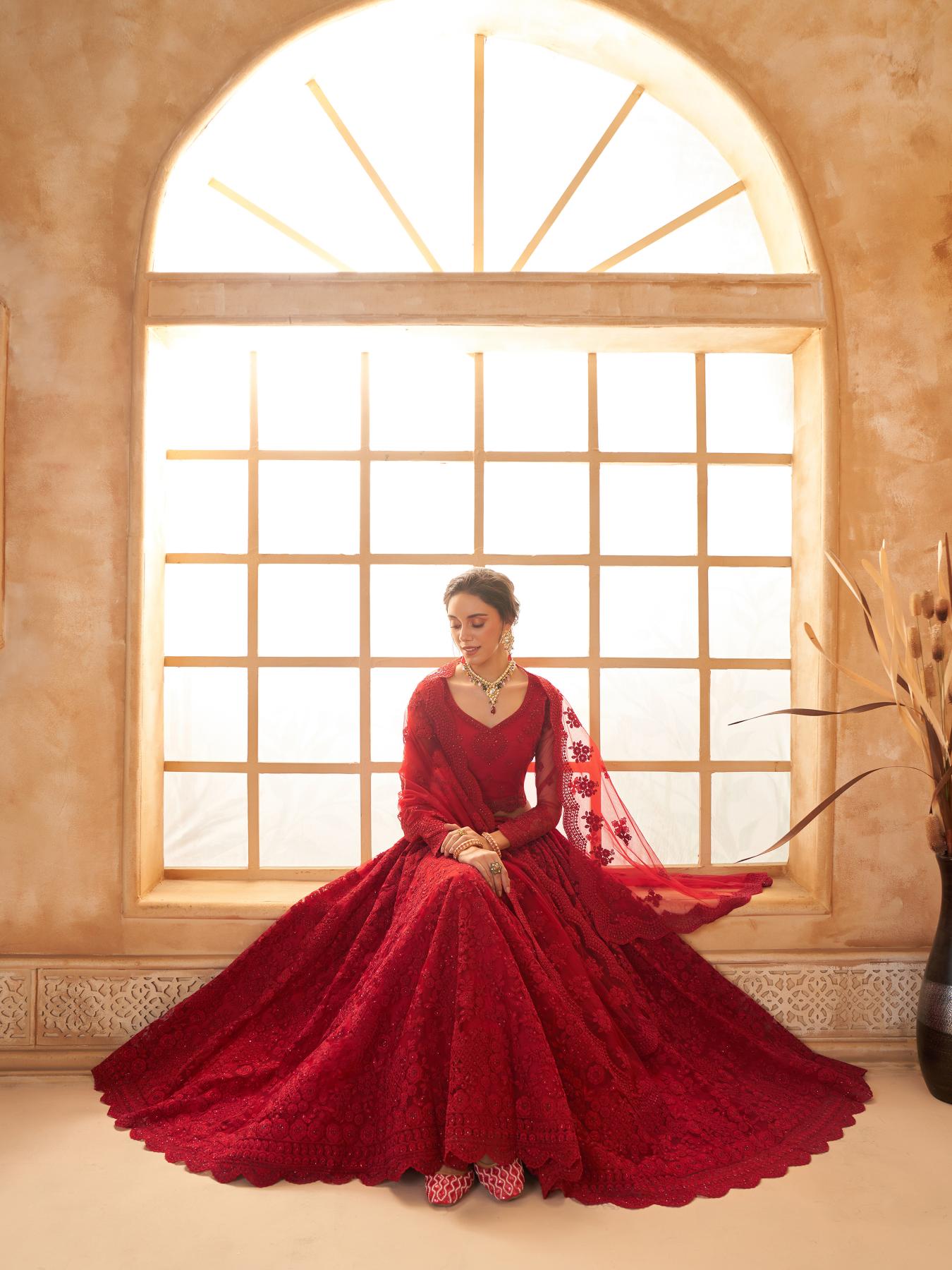 Scarlet Red Heavy Embroidered Net Lehenga Choli With Dupatta