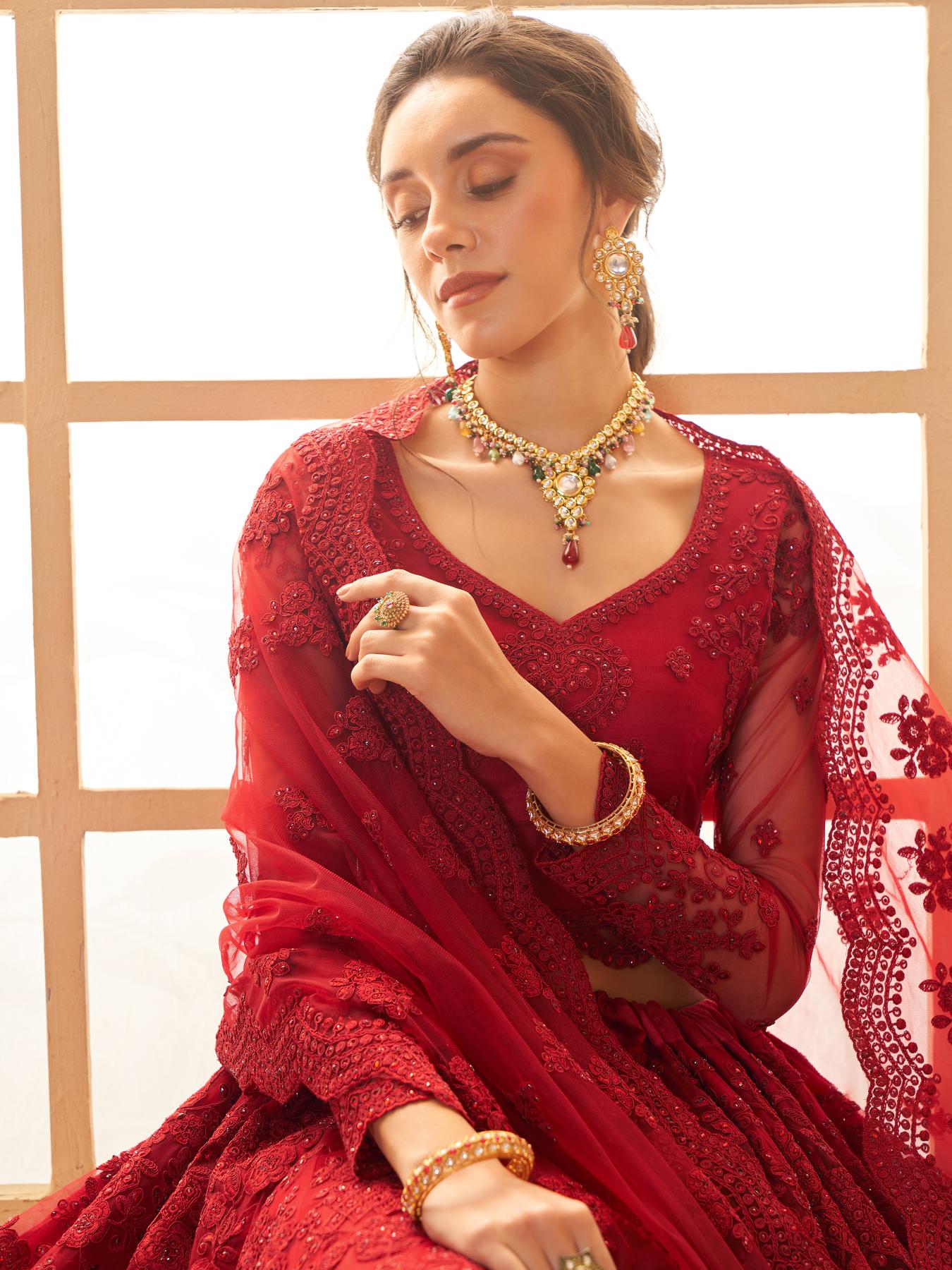 Scarlet Red Heavy Embroidered Net Lehenga Choli With Dupatta