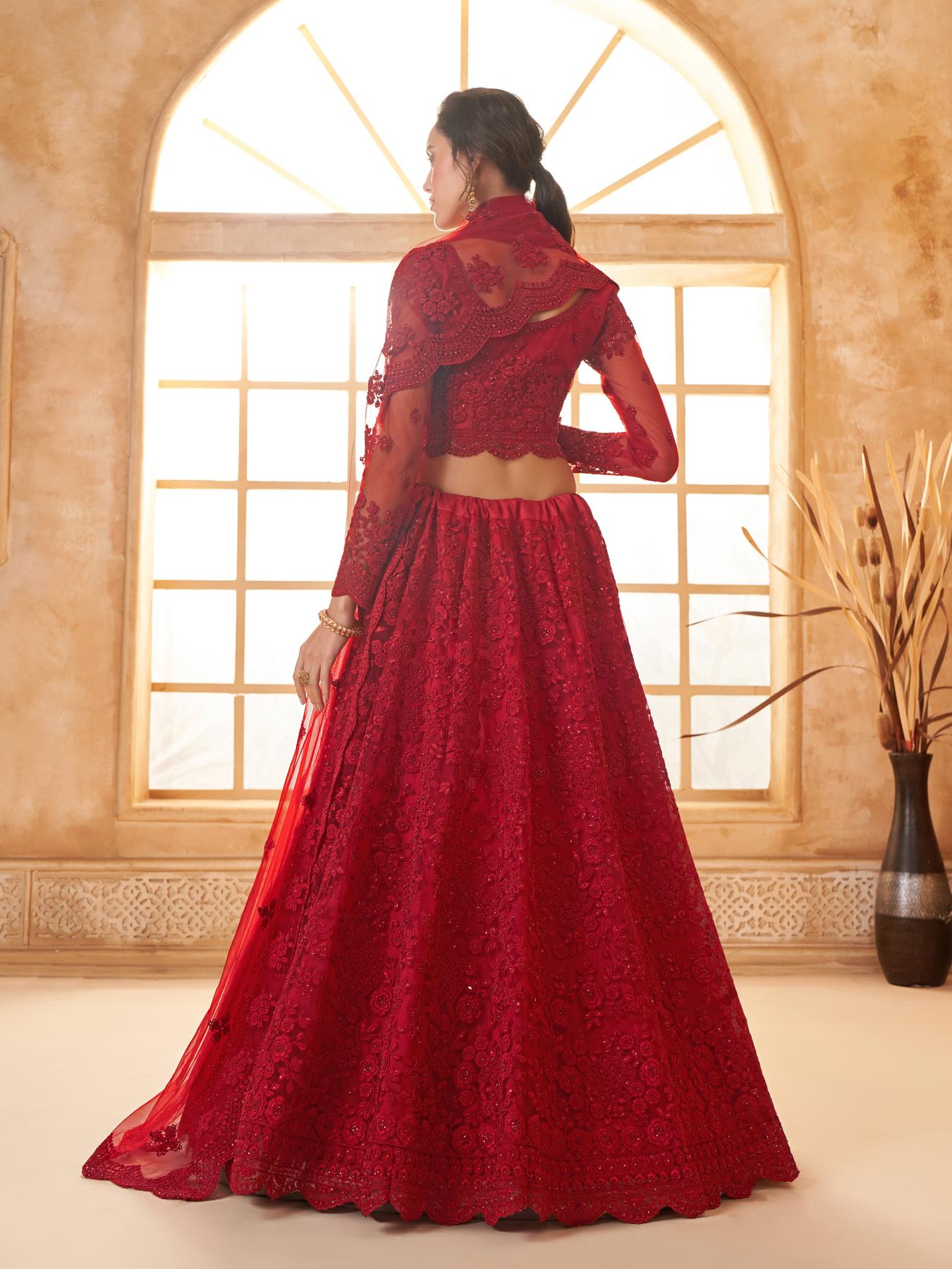 Scarlet Red Heavy Embroidered Net Lehenga Choli With Dupatta