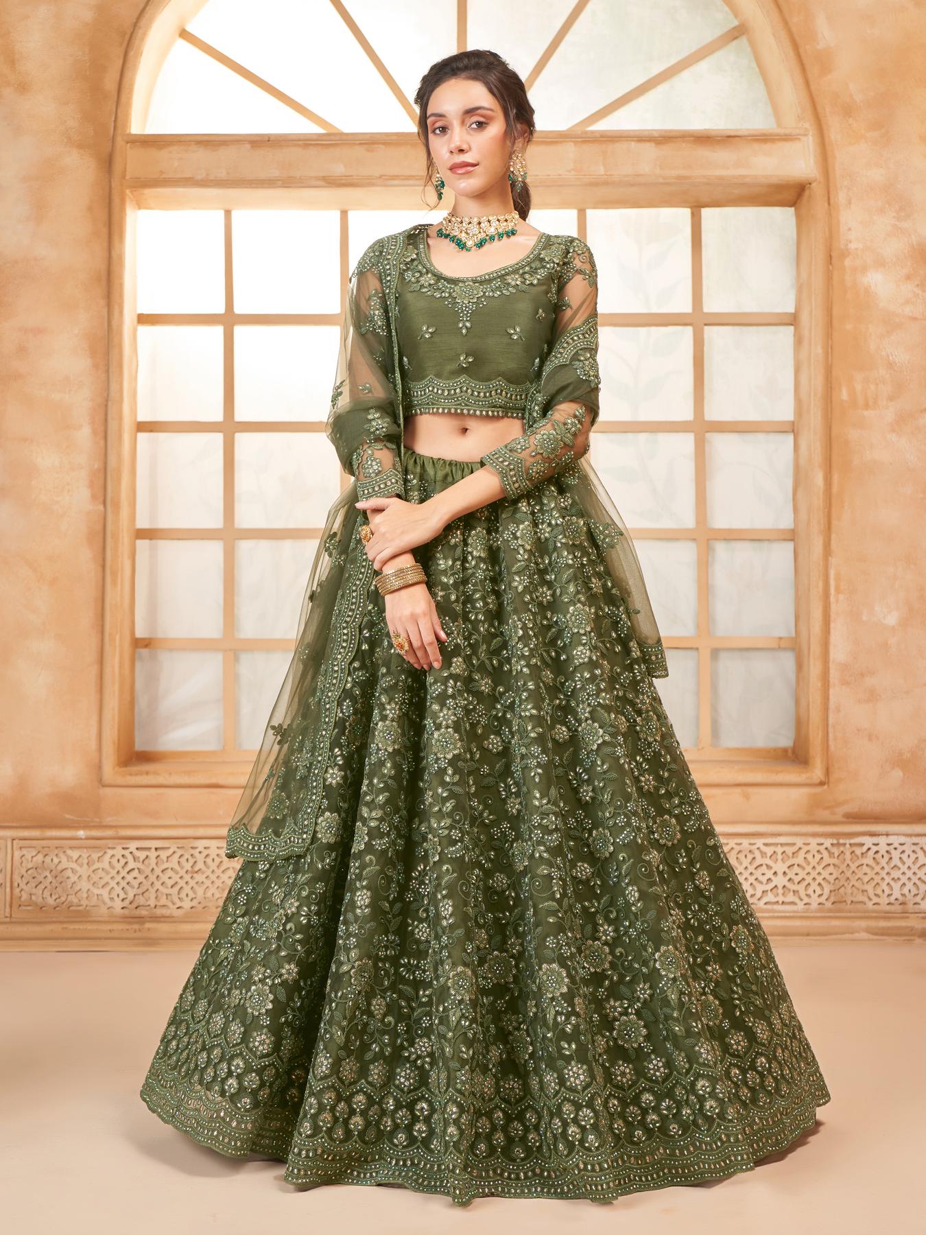 Mehendi Green Heavy Embroidered Net Lehenga Choli With Dupatta