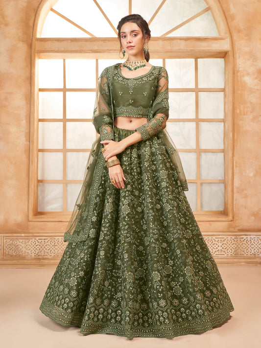 Mehendi Green Heavy Embroidered Net Lehenga Choli With Dupatta