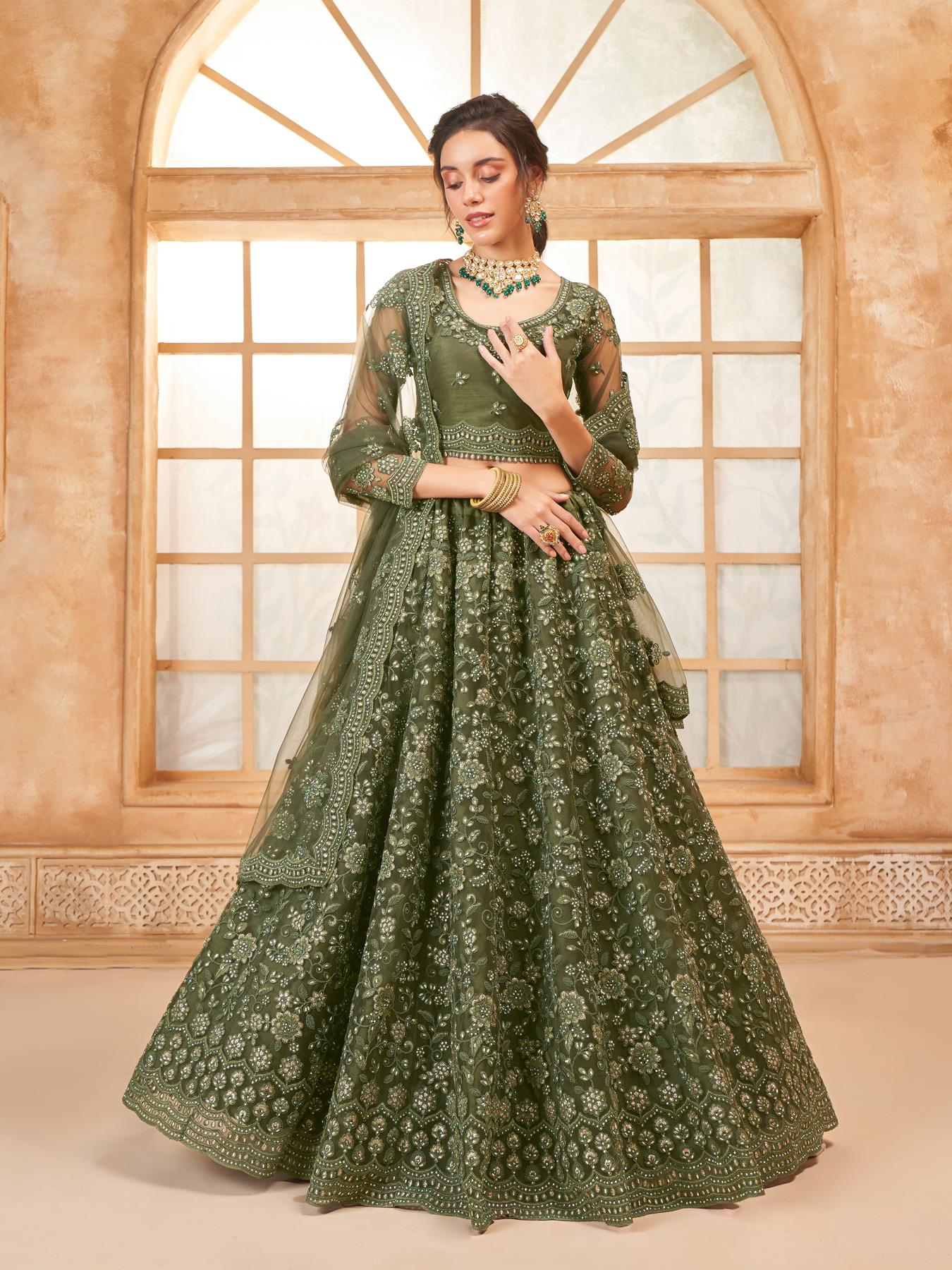 Mehendi Green Heavy Embroidered Net Lehenga Choli With Dupatta