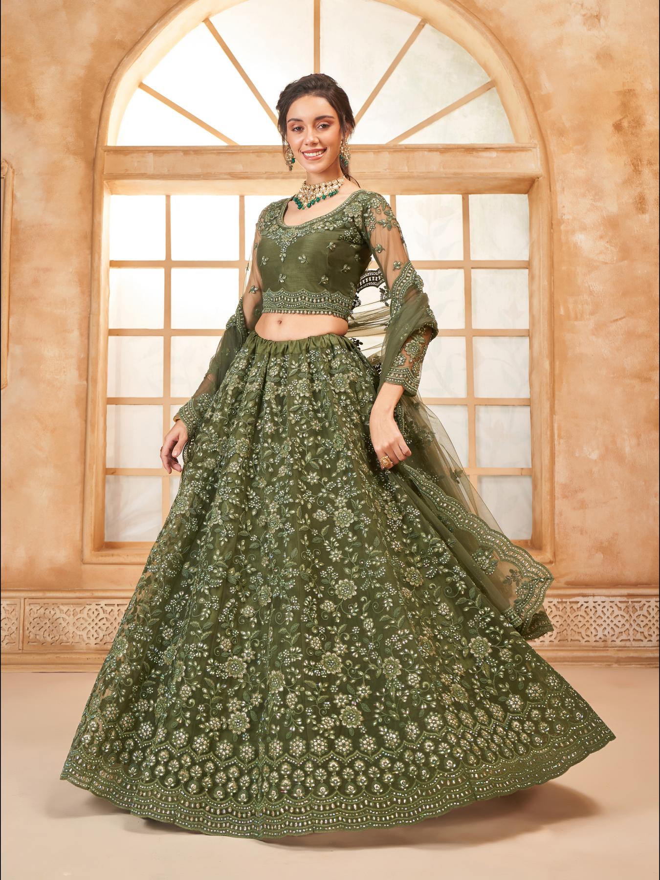 Mehendi Green Heavy Embroidered Net Lehenga Choli With Dupatta