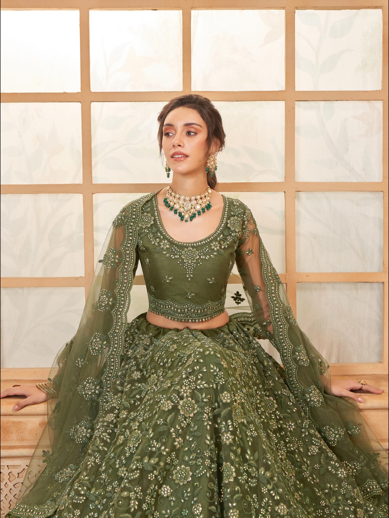 Mehendi Green Heavy Embroidered Net Lehenga Choli With Dupatta