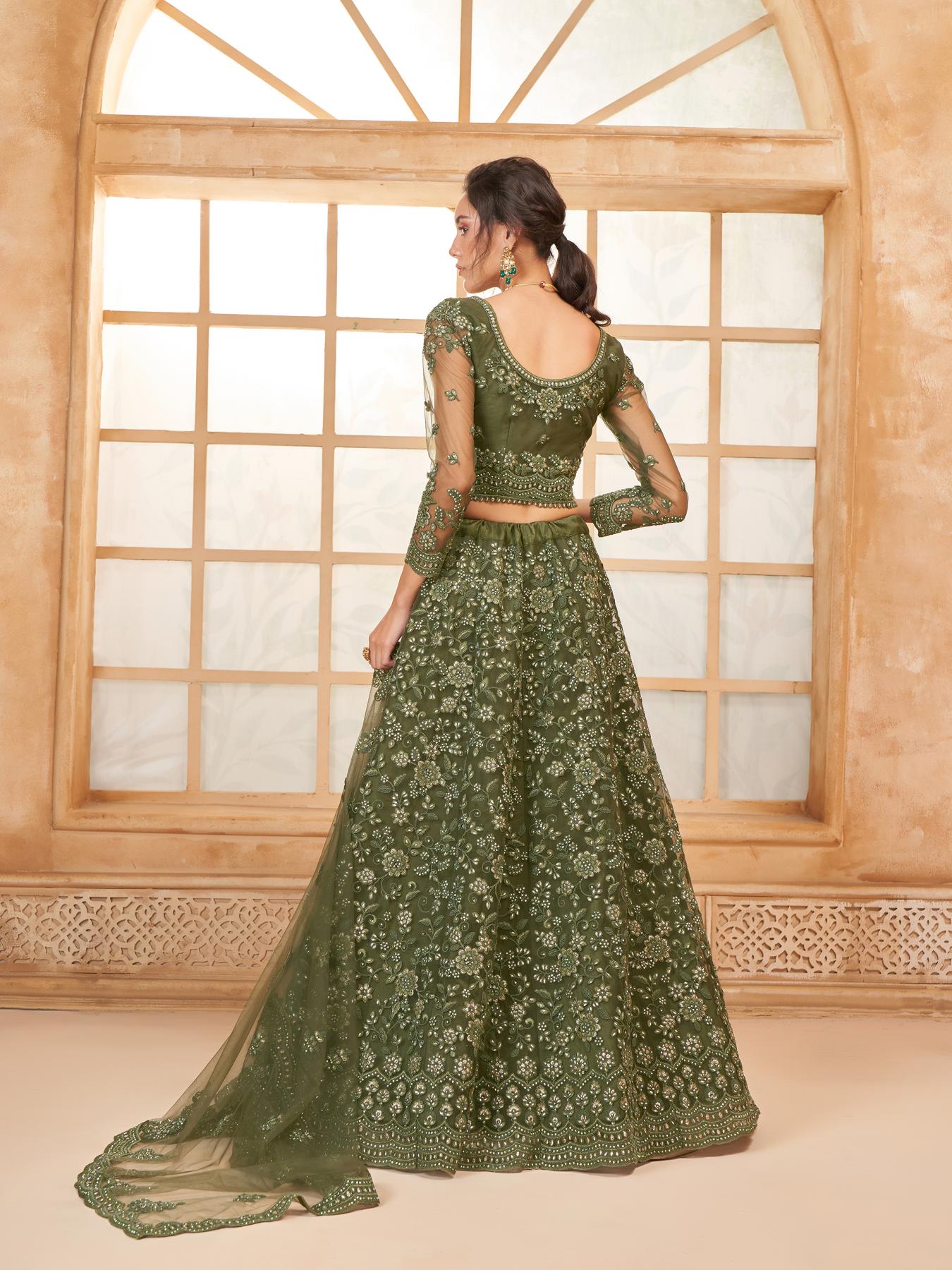 Mehendi Green Heavy Embroidered Net Lehenga Choli With Dupatta