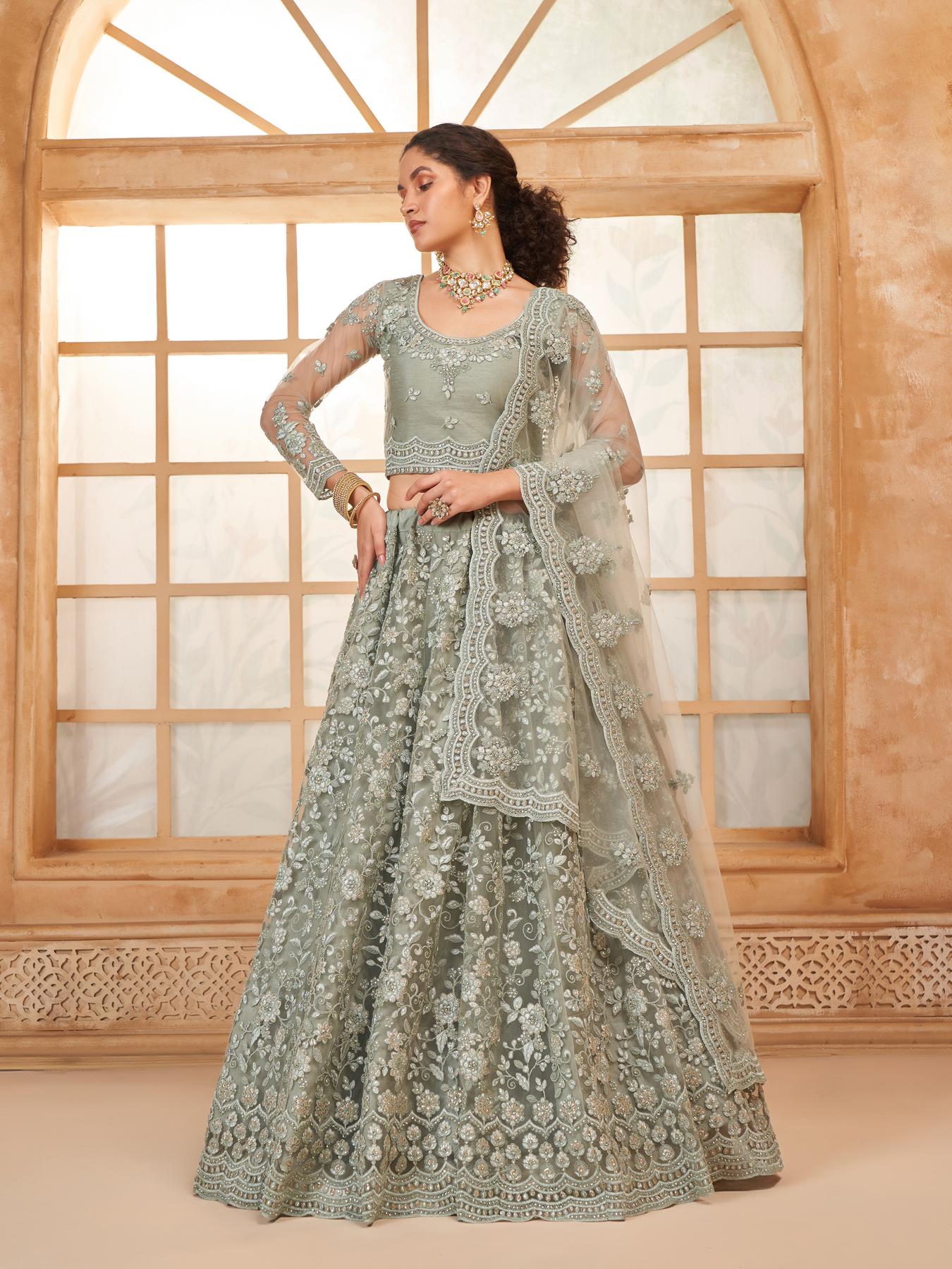 Ice Blue Heavy Embroidered Net Lehenga Choli With Dupatta