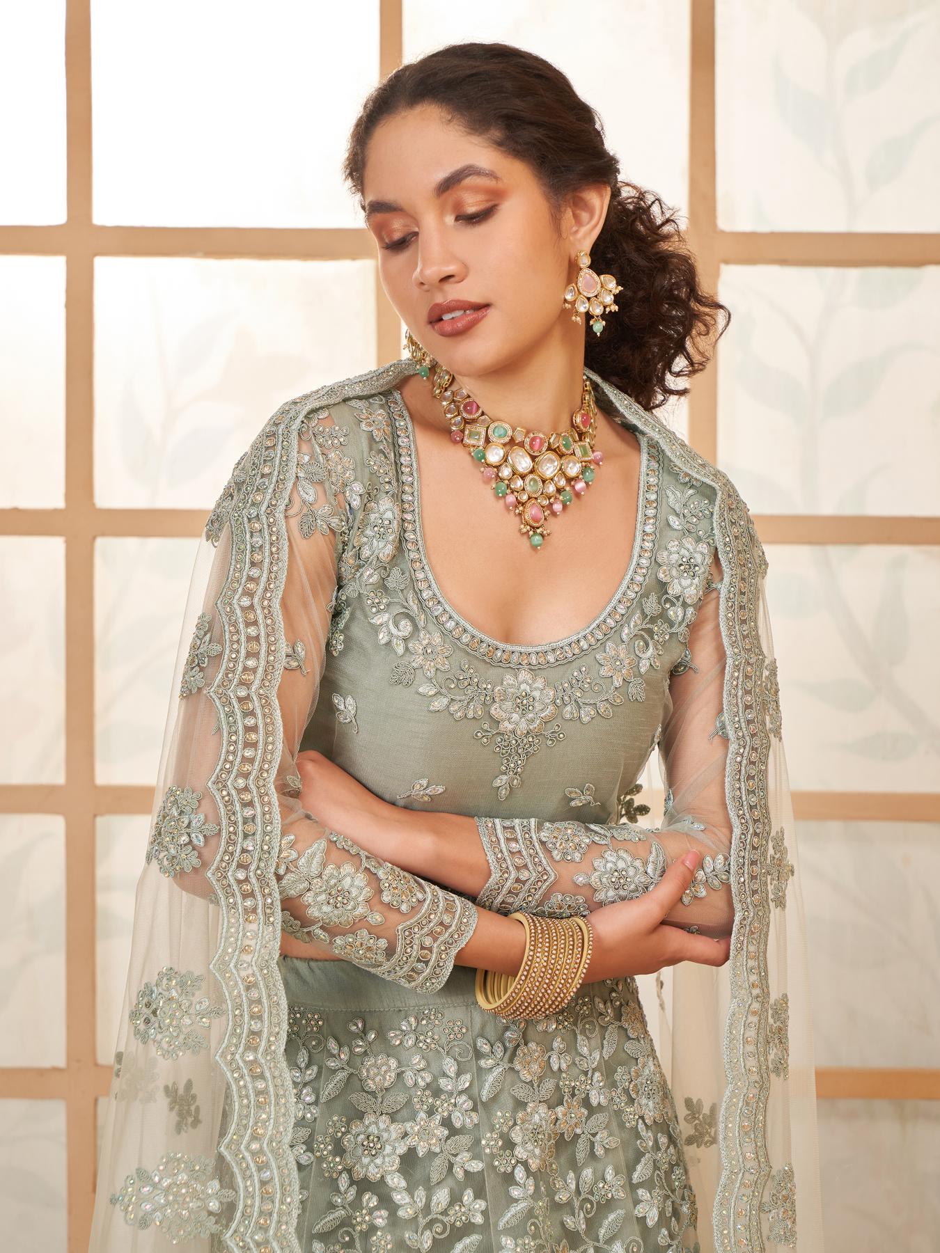 Ice Blue Heavy Embroidered Net Lehenga Choli With Dupatta