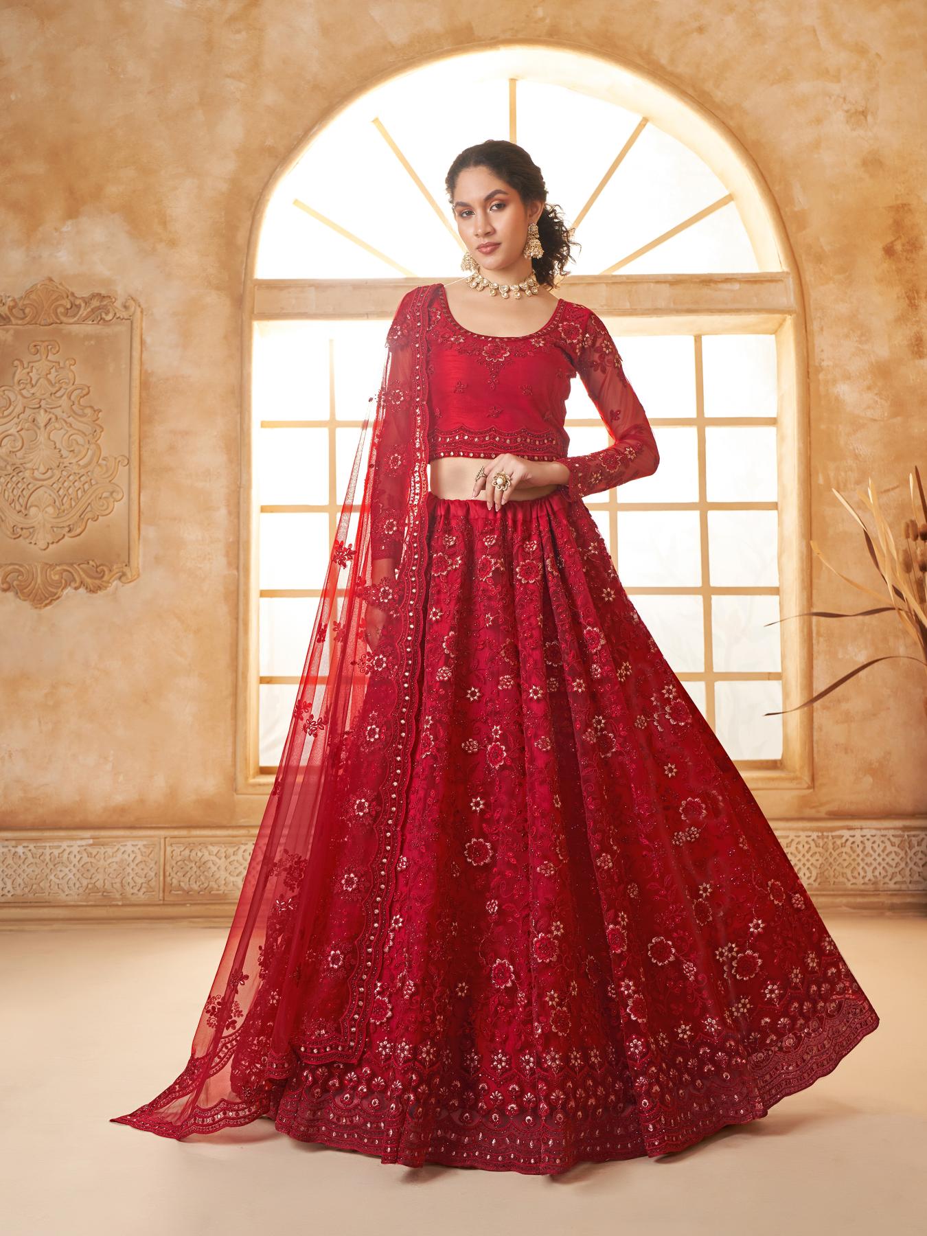 Deep Red Heavy Embroidered Net Lehenga Choli With Dupatta