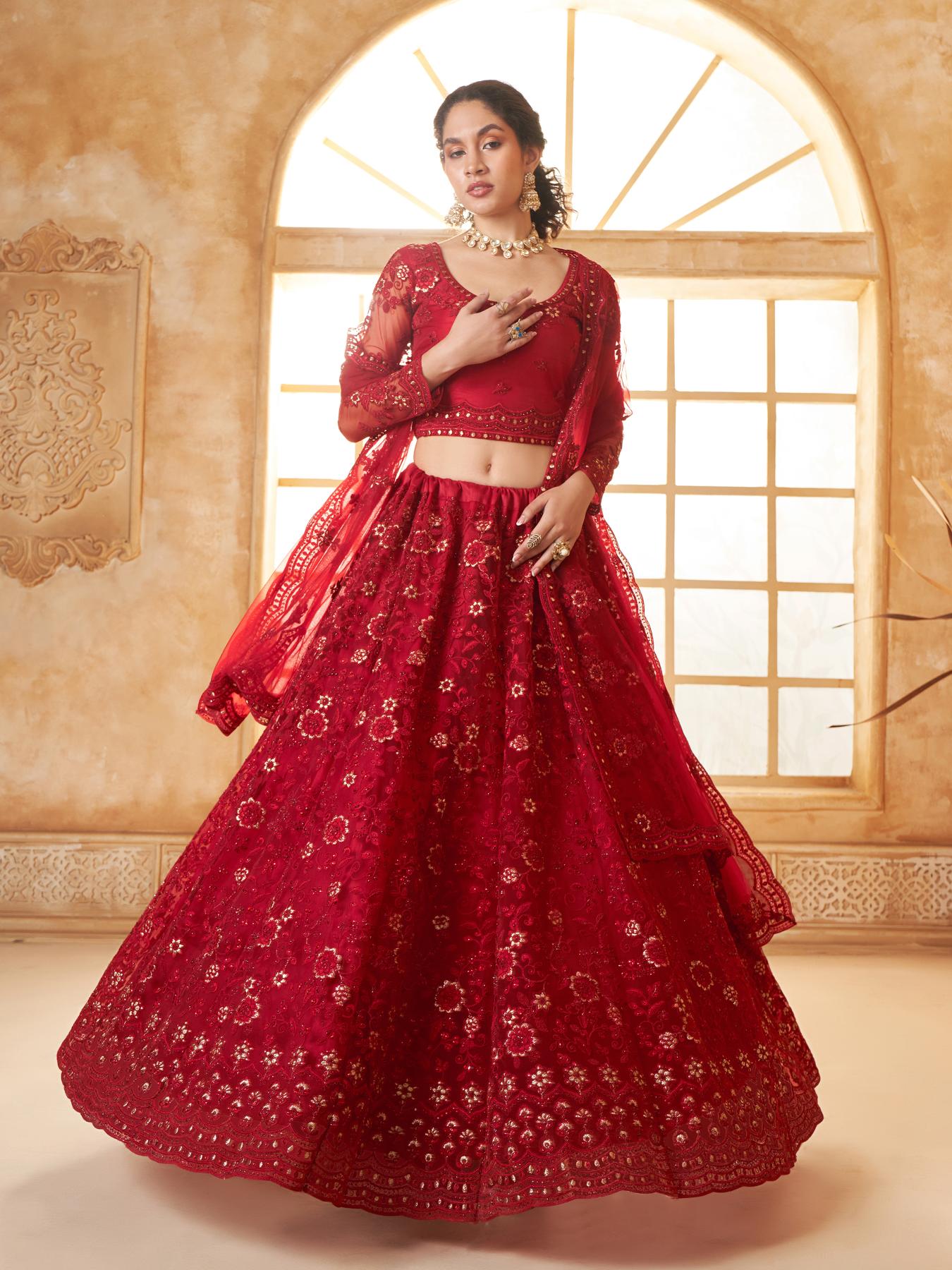 Deep Red Heavy Embroidered Net Lehenga Choli With Dupatta