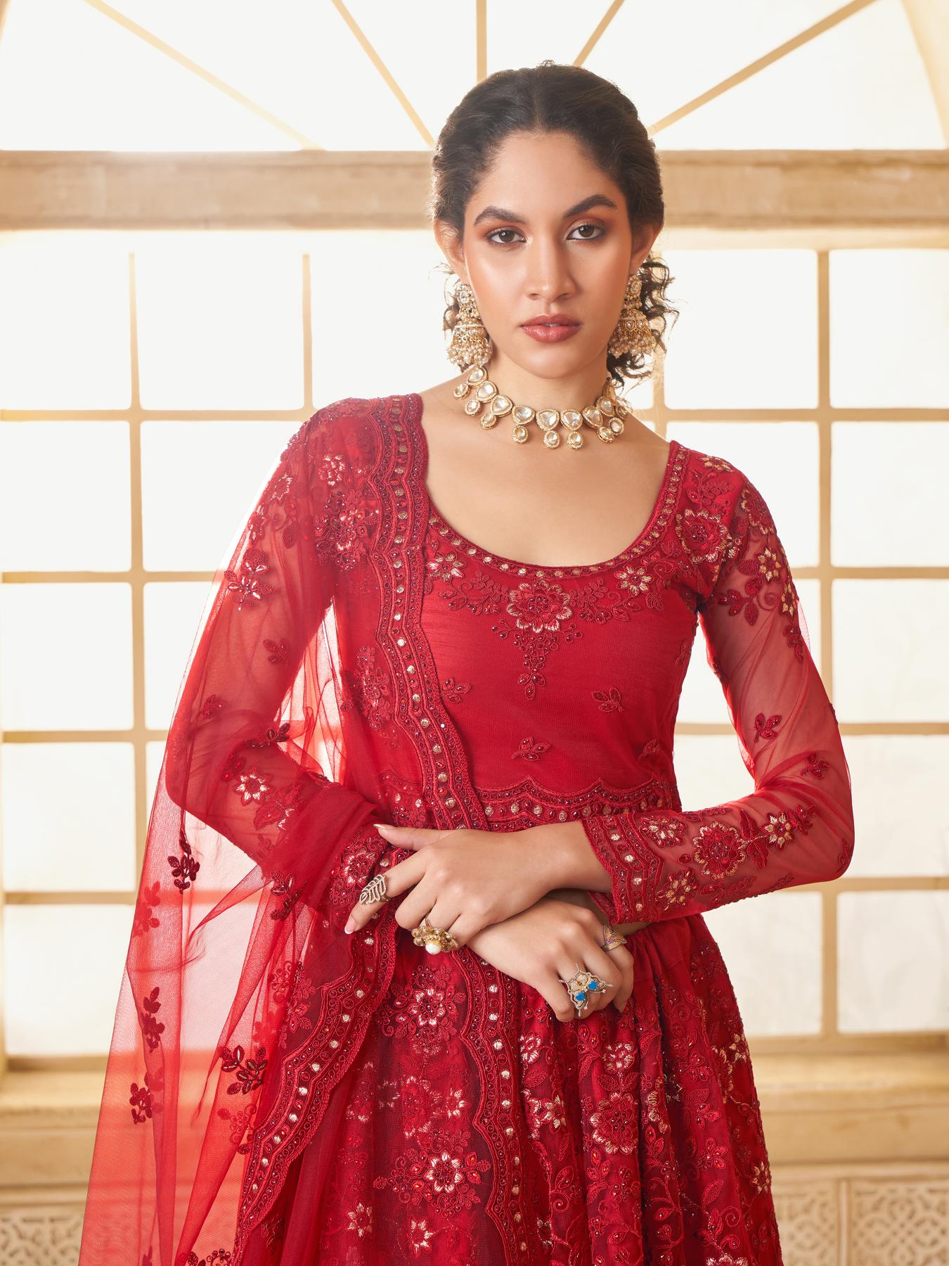 Deep Red Heavy Embroidered Net Lehenga Choli With Dupatta