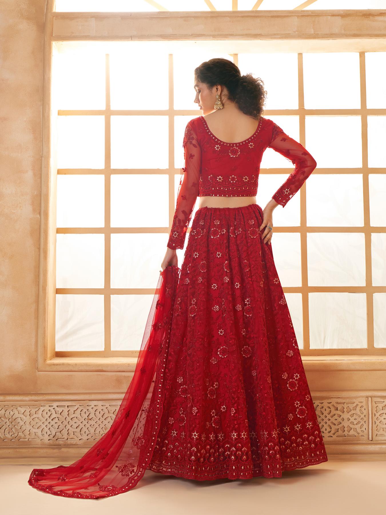 Deep Red Heavy Embroidered Net Lehenga Choli With Dupatta