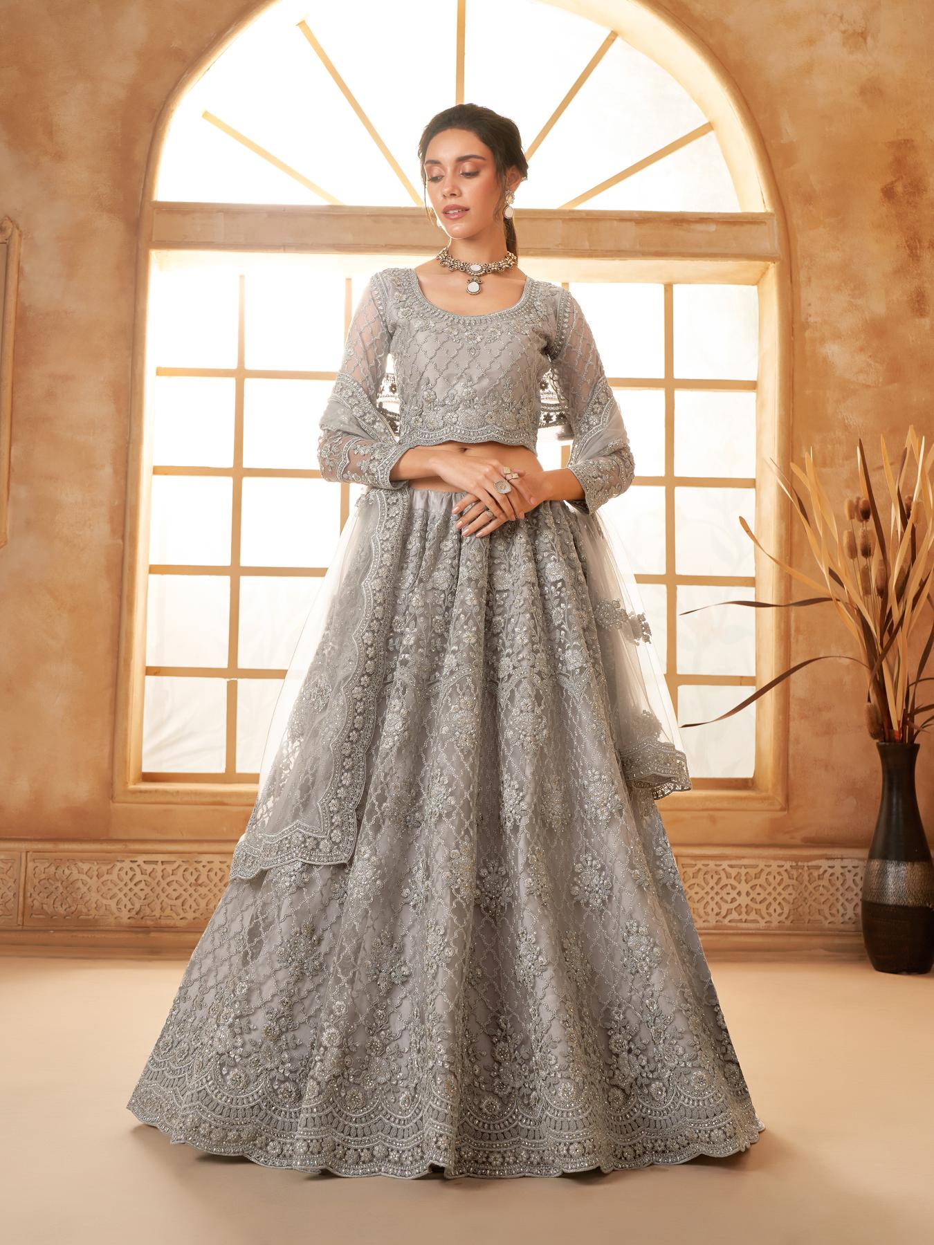 Smoke Grey Heavy Embroidered Net Lehenga Choli With Dupatta