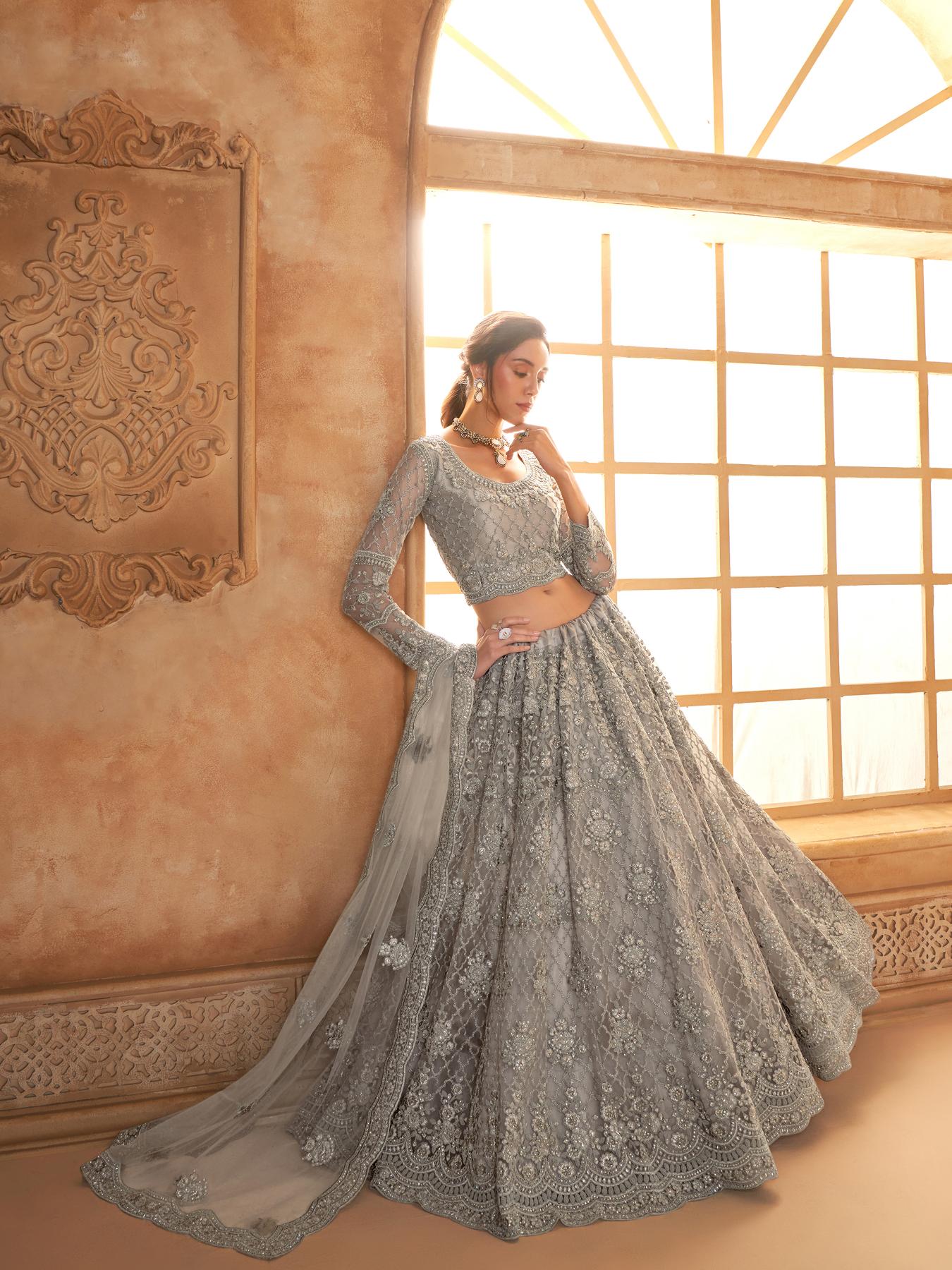 Smoke Grey Heavy Embroidered Net Lehenga Choli With Dupatta