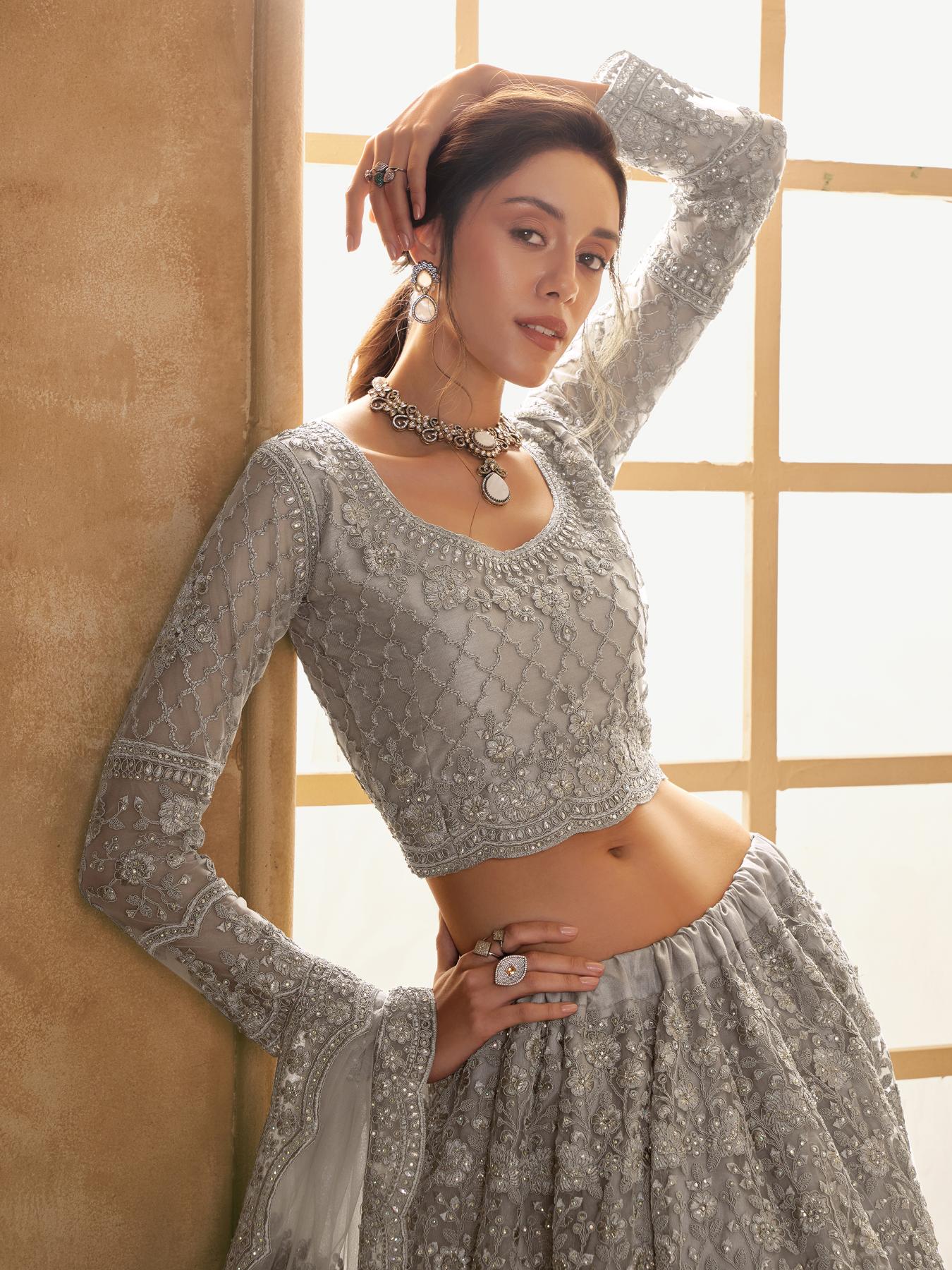 Smoke Grey Heavy Embroidered Net Lehenga Choli With Dupatta