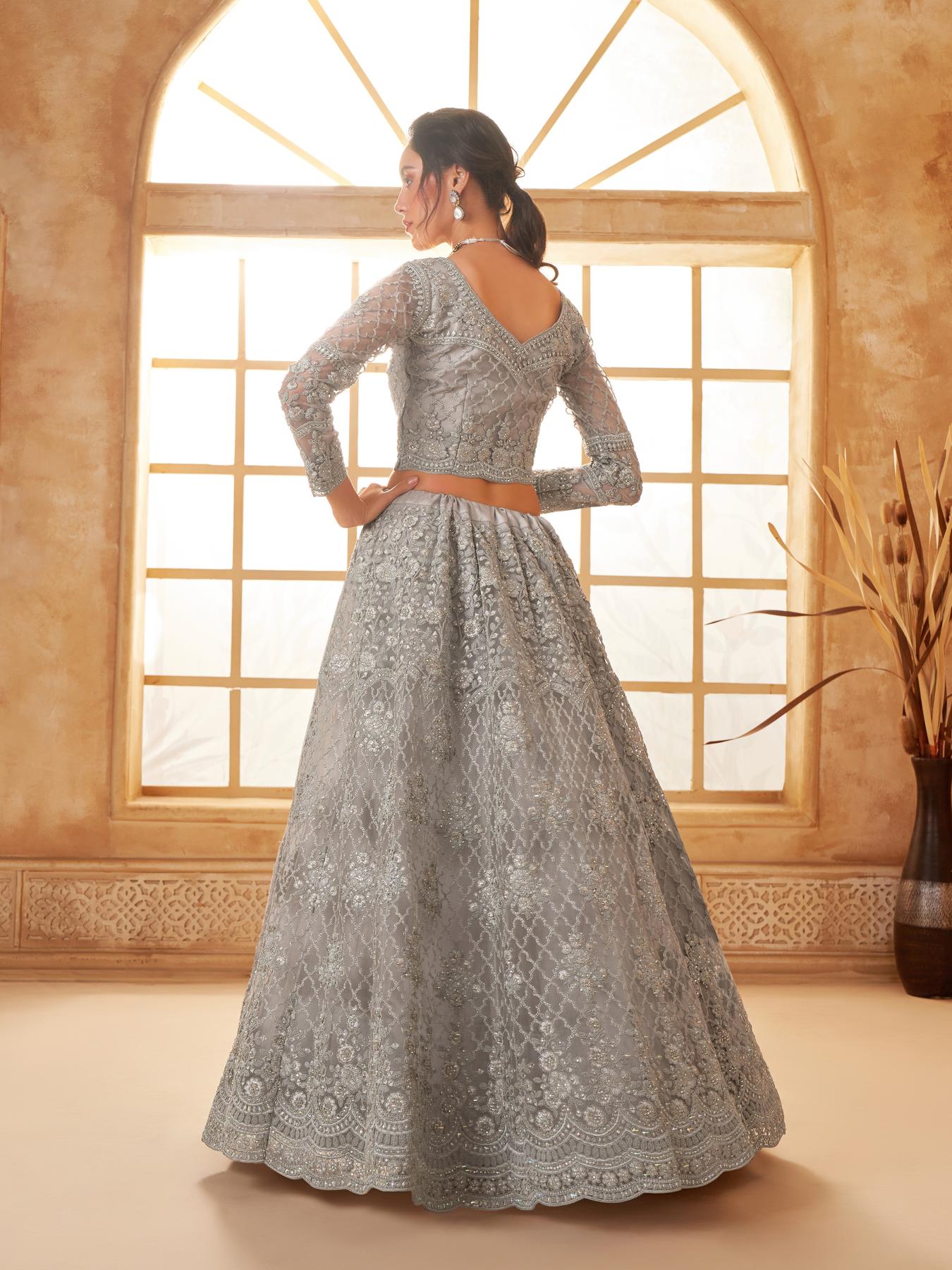 Smoke Grey Heavy Embroidered Net Lehenga Choli With Dupatta