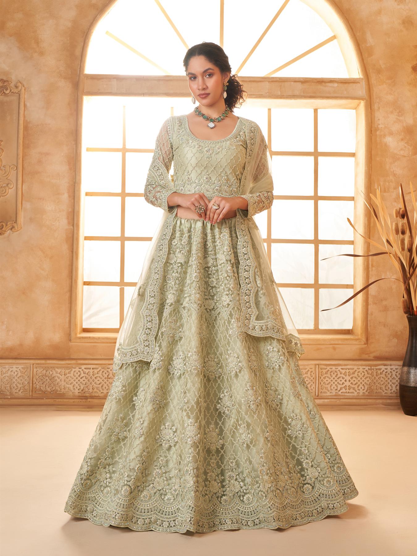 Pista Green Heavy Embroidered Net Lehenga Choli With Dupatta