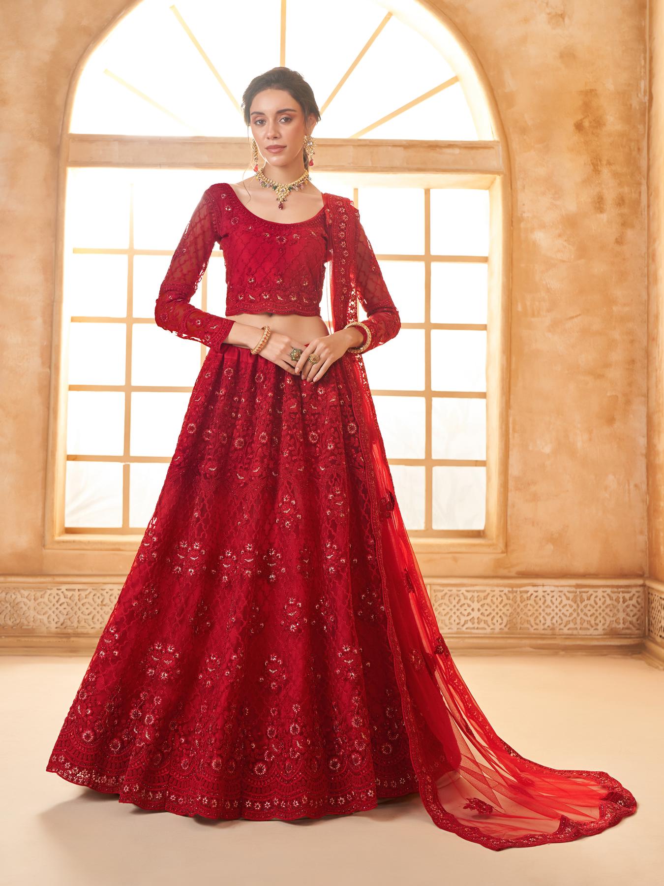 Dark Red Heavy Embroidered Net Lehenga Choli With Dupatta