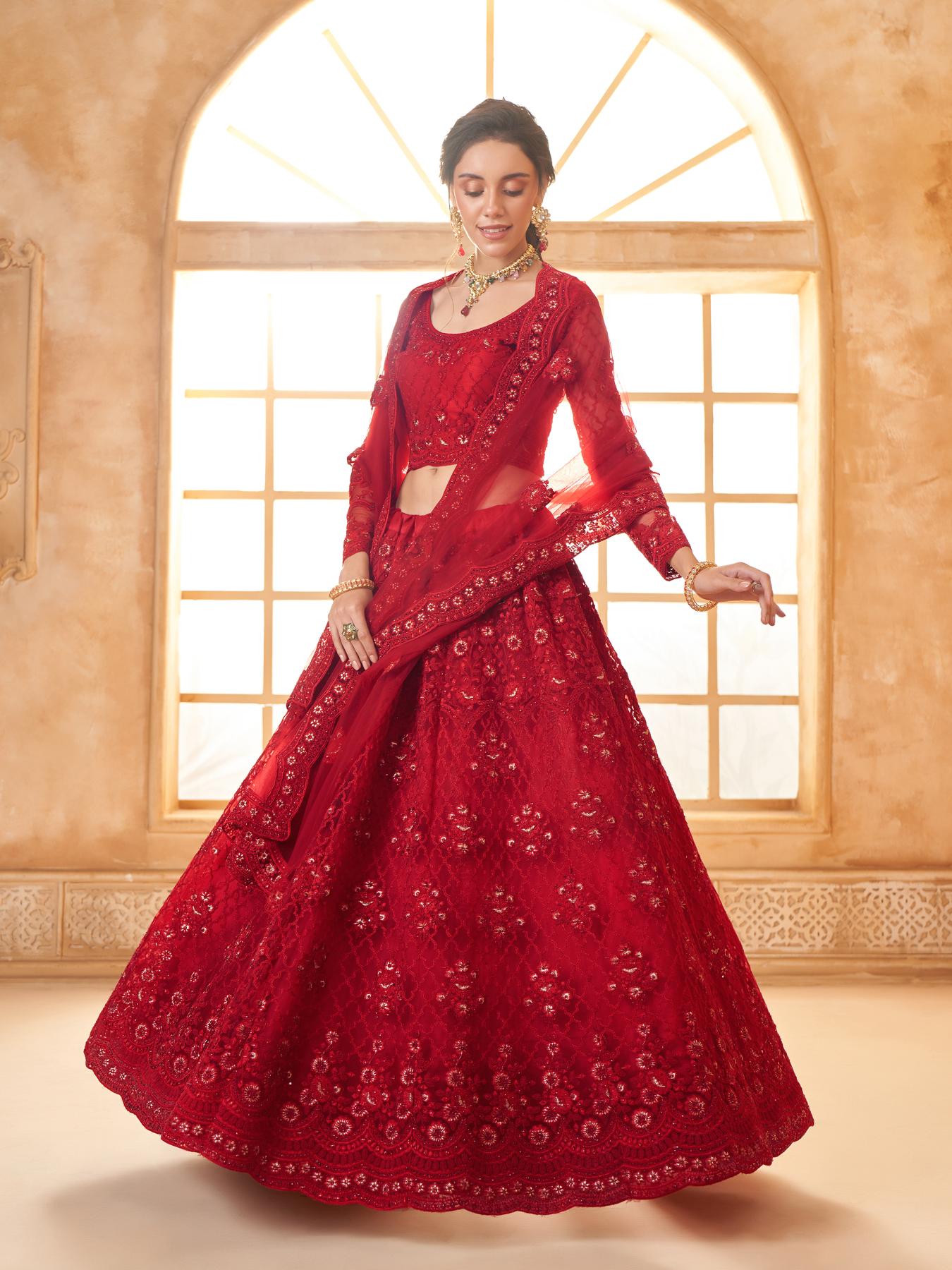 Dark Red Heavy Embroidered Net Lehenga Choli With Dupatta