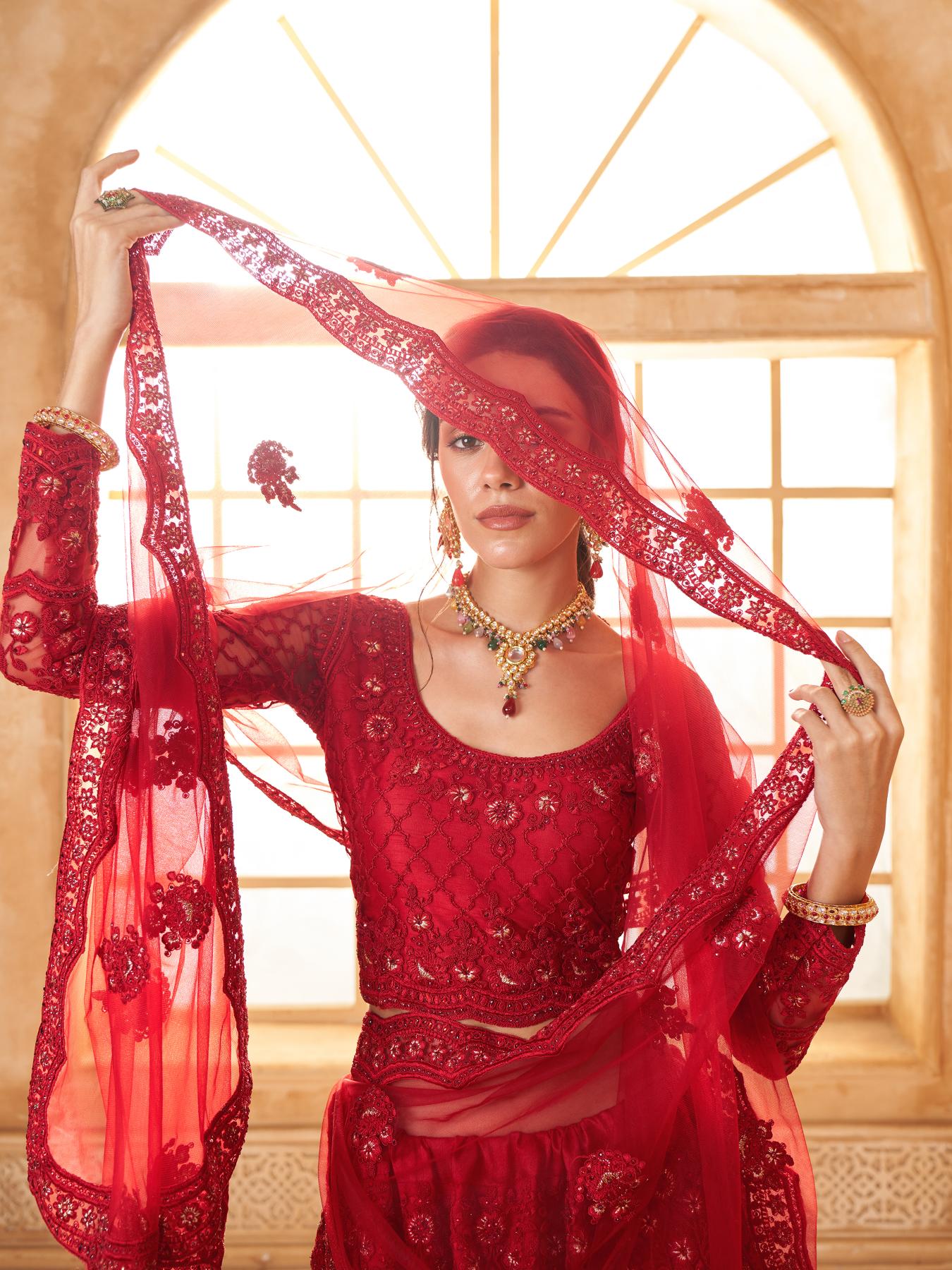 Dark Red Heavy Embroidered Net Lehenga Choli With Dupatta