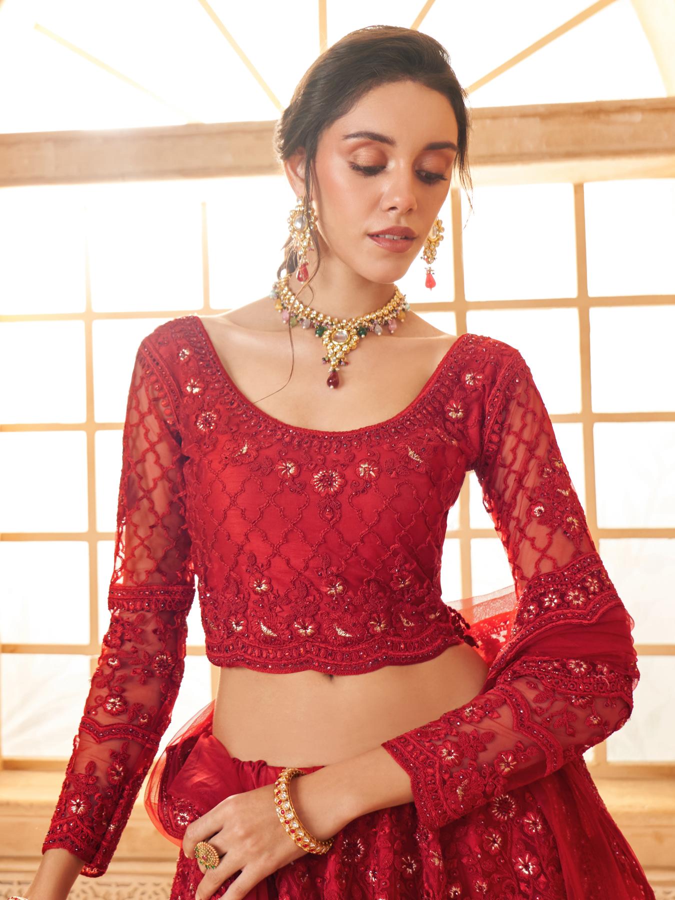 Dark Red Heavy Embroidered Net Lehenga Choli With Dupatta