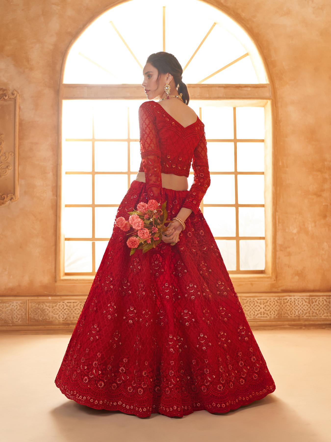 Dark Red Heavy Embroidered Net Lehenga Choli With Dupatta