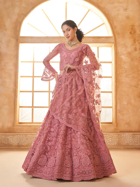 Carrot Pink Heavy Embroidered Net Lehenga Choli With Dupatta