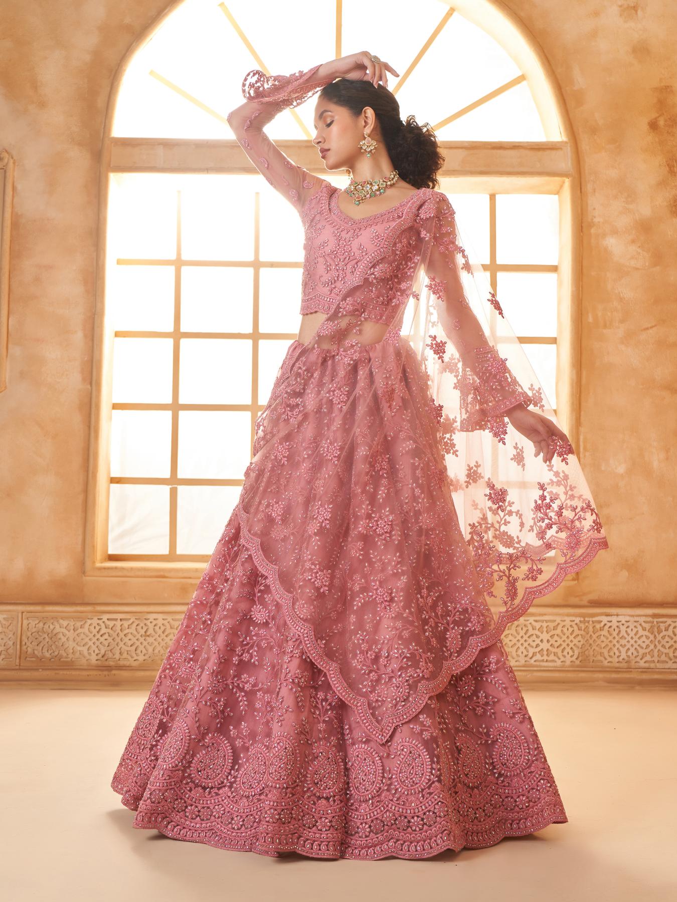 Carrot Pink Heavy Embroidered Net Lehenga Choli With Dupatta