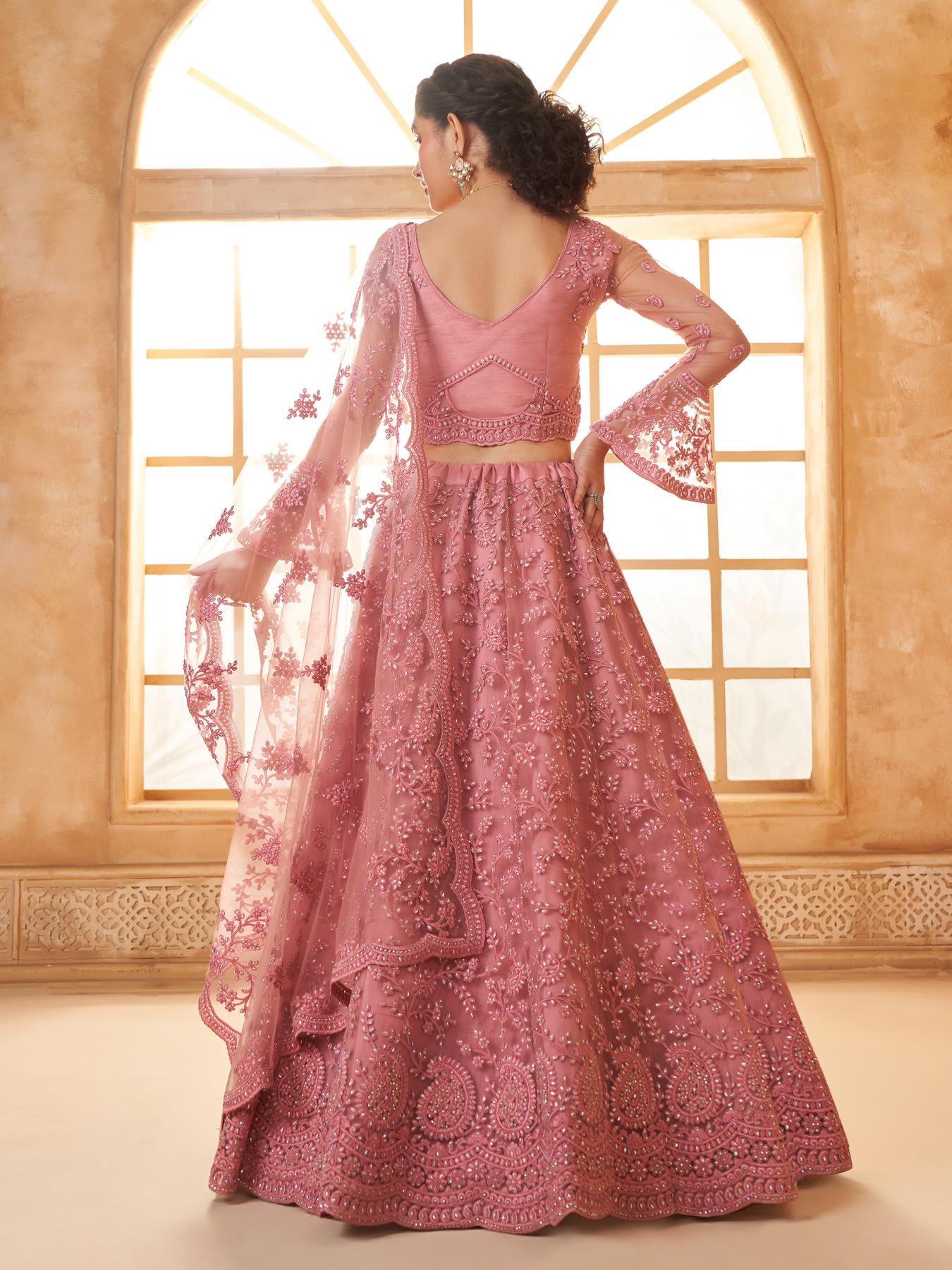 Carrot Pink Heavy Embroidered Net Lehenga Choli With Dupatta