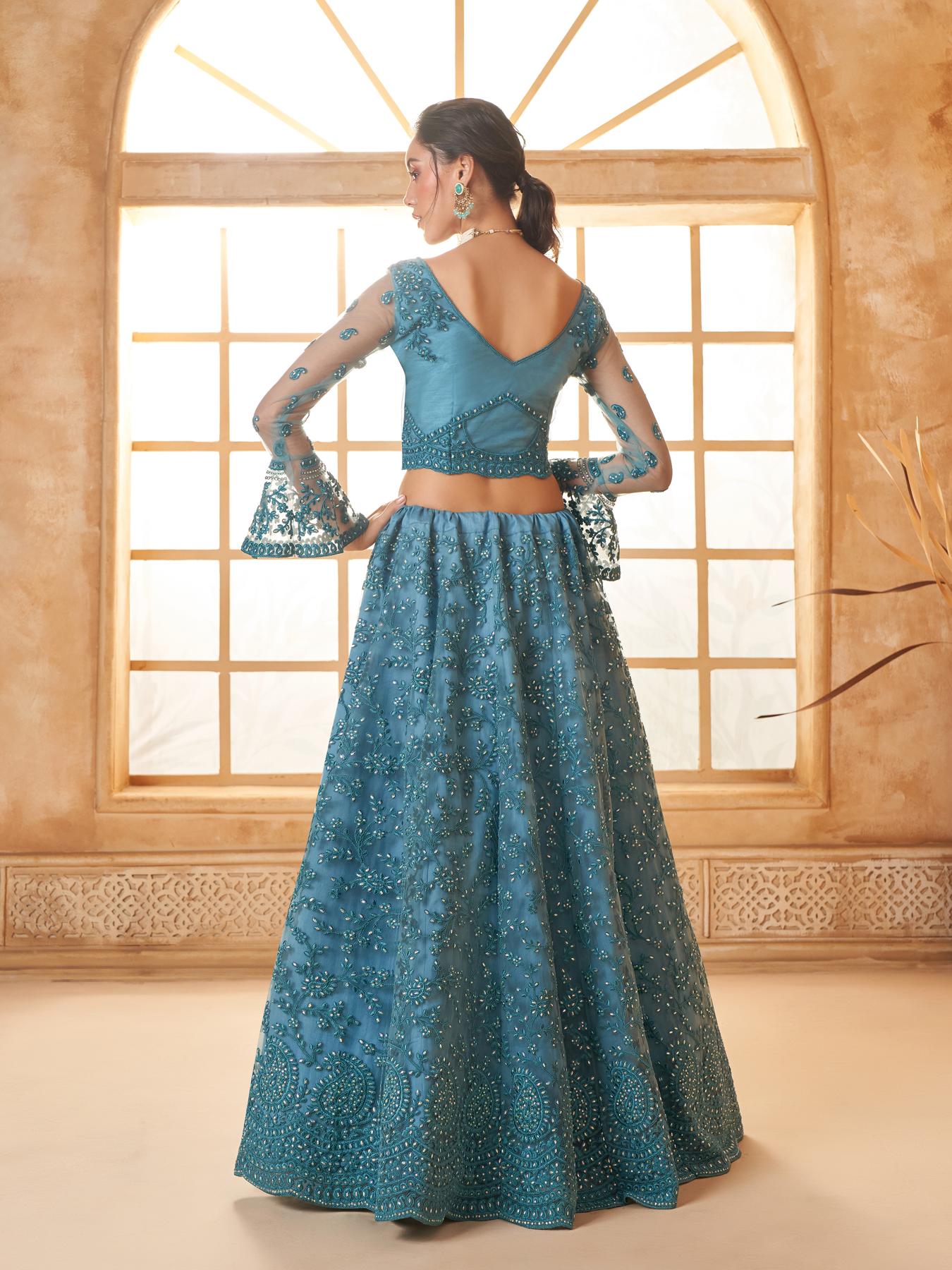 Sea Blue Heavy Embroidered Net Lehenga Choli With Dupatta