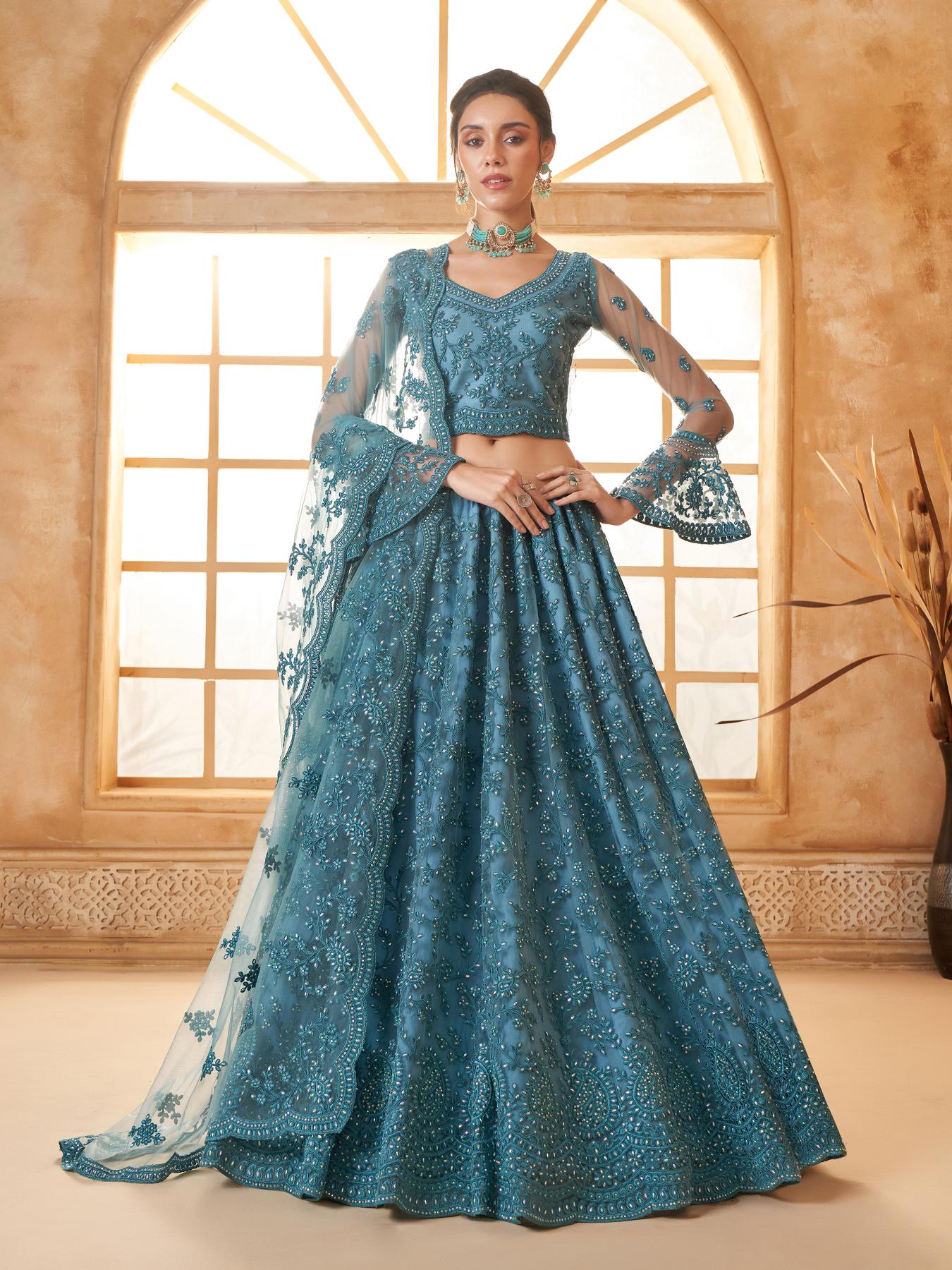 Sea Blue Heavy Embroidered Net Lehenga Choli With Dupatta