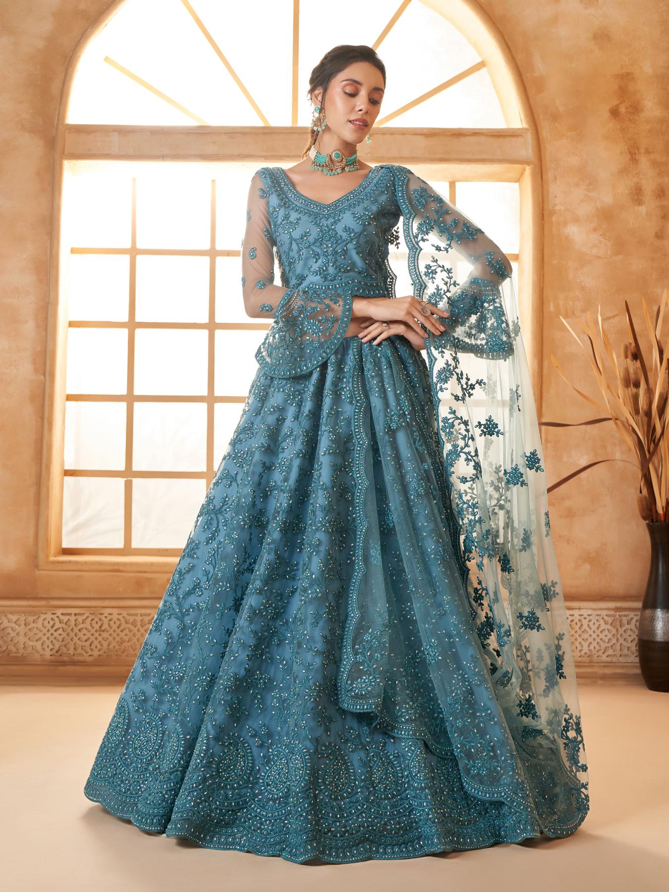 Sea Blue Heavy Embroidered Net Lehenga Choli With Dupatta