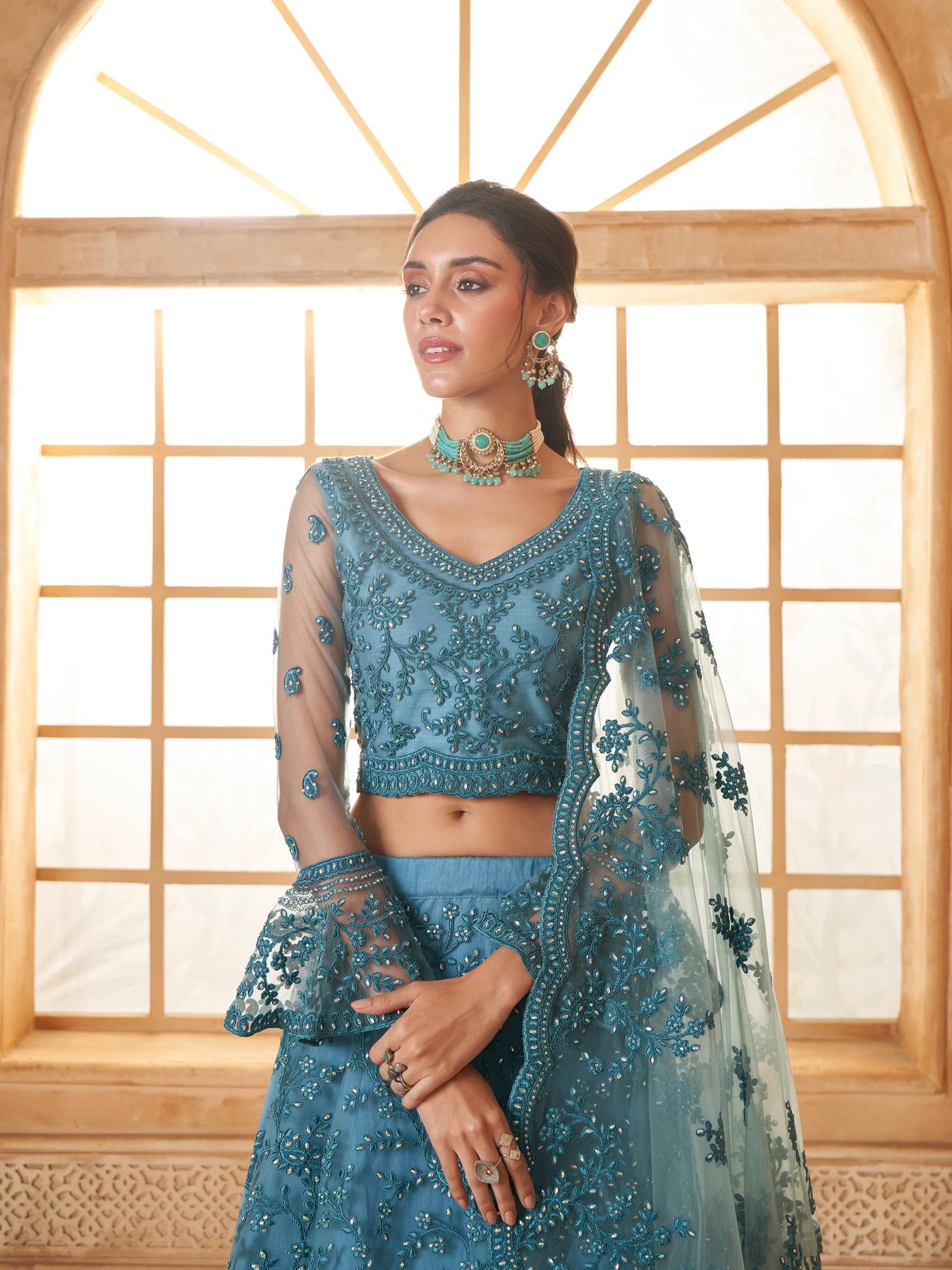 Sea Blue Heavy Embroidered Net Lehenga Choli With Dupatta