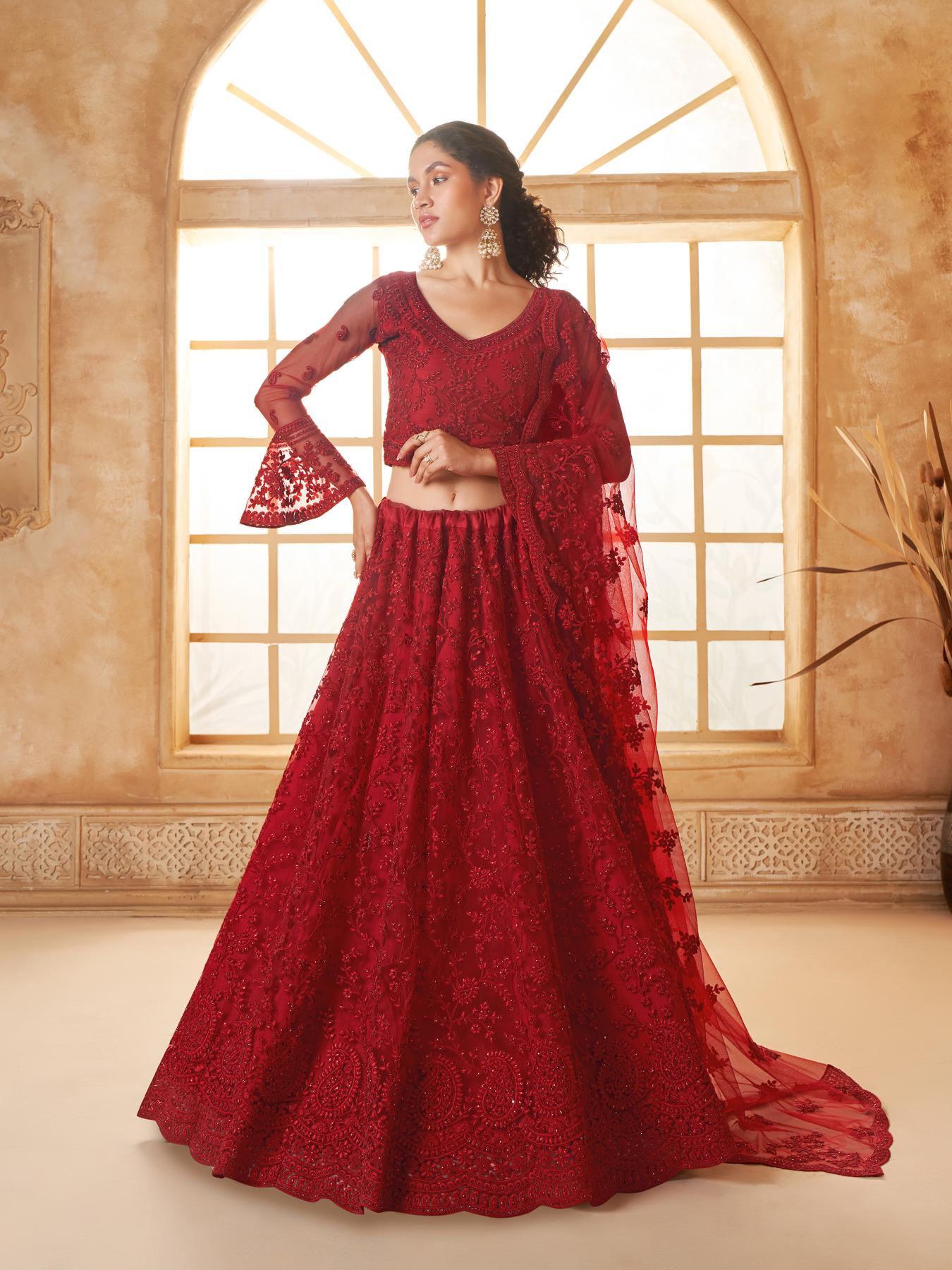 Bridal Red Heavy Embroidered Net Lehenga Choli With Dupatta