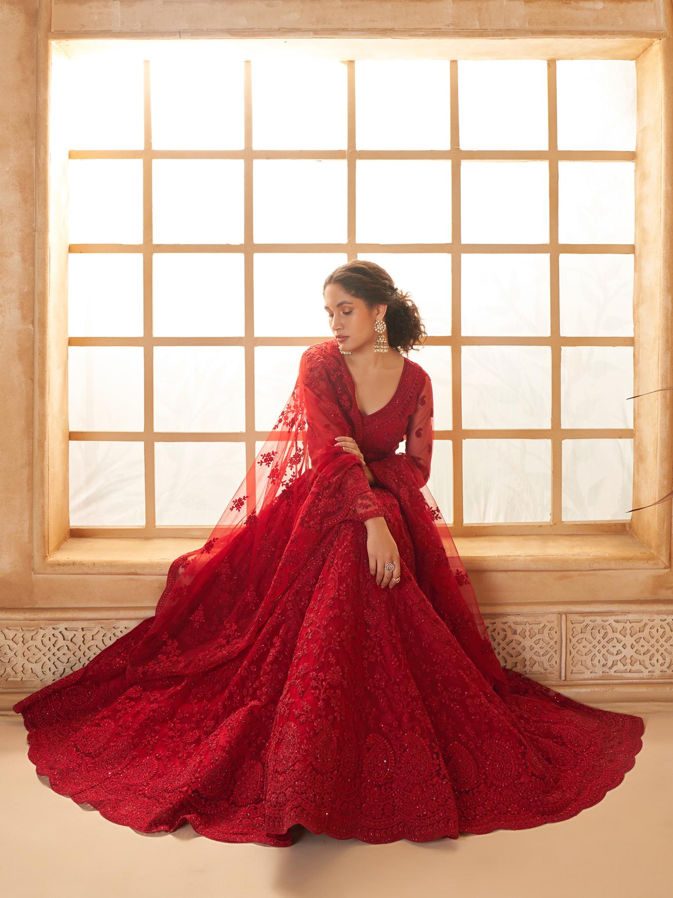 Bridal Red Heavy Embroidered Net Lehenga Choli With Dupatta