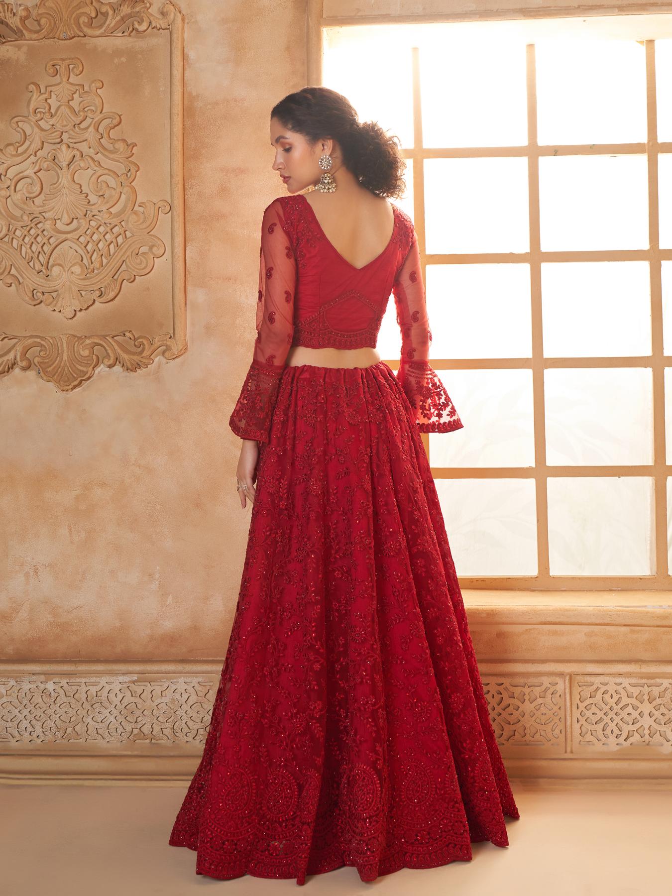 Bridal Red Heavy Embroidered Net Lehenga Choli With Dupatta