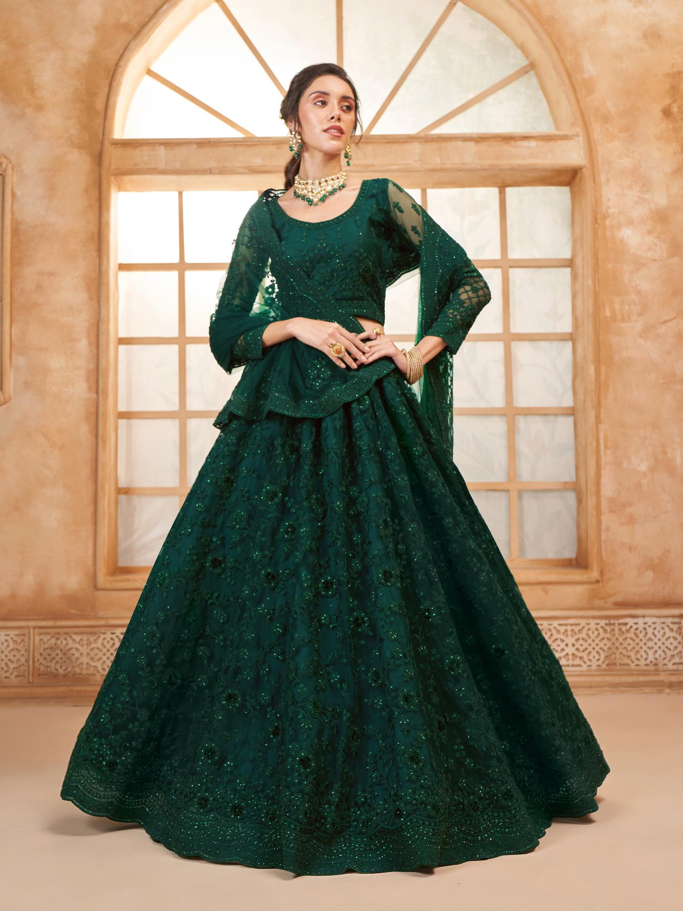 Deep Green Heavy Embroidered Net Lehenga Choli With Dupatta