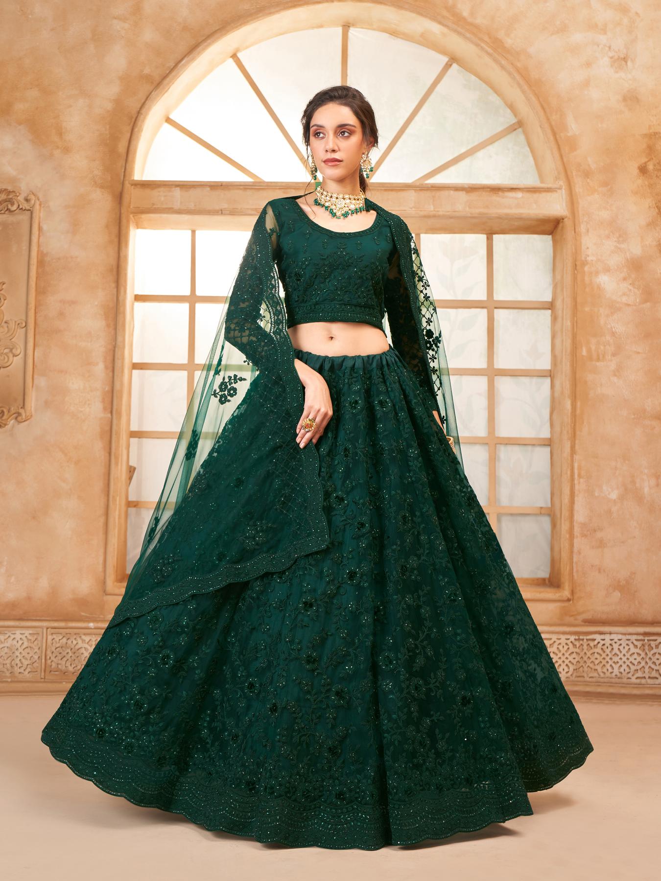 Deep Green Heavy Embroidered Net Lehenga Choli With Dupatta