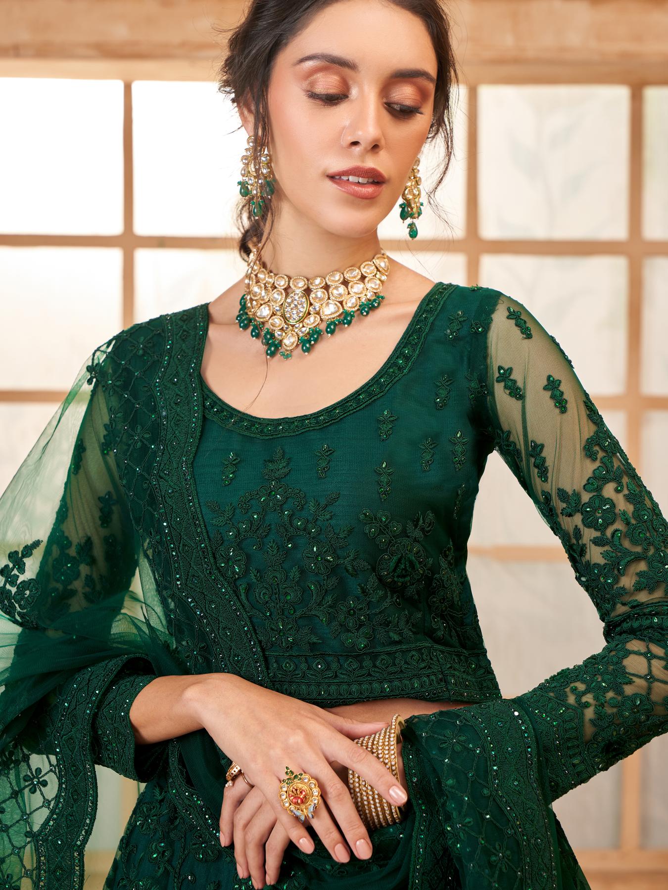 Deep Green Heavy Embroidered Net Lehenga Choli With Dupatta