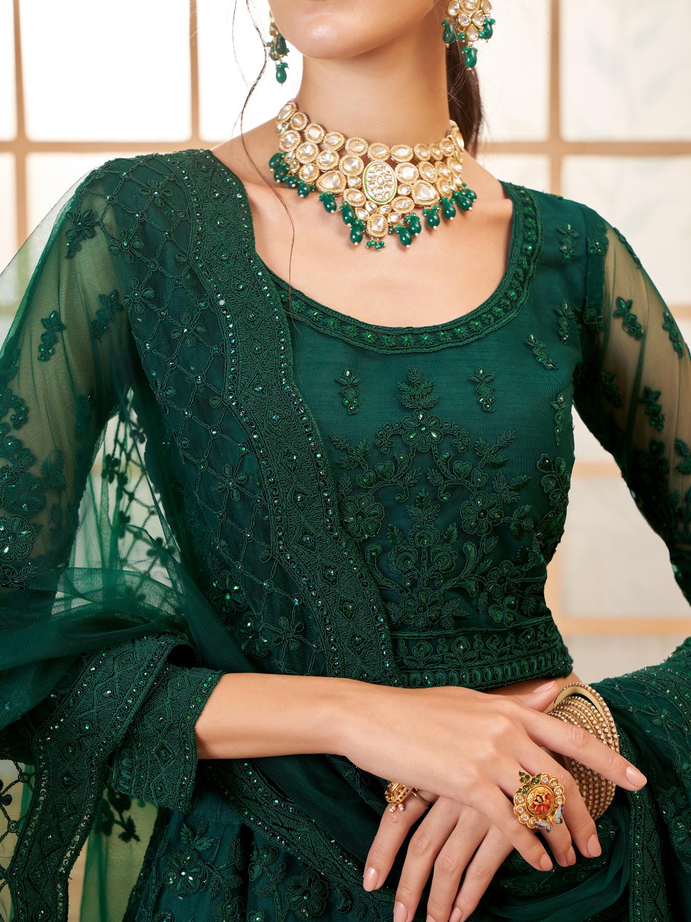 Deep Green Heavy Embroidered Net Lehenga Choli With Dupatta