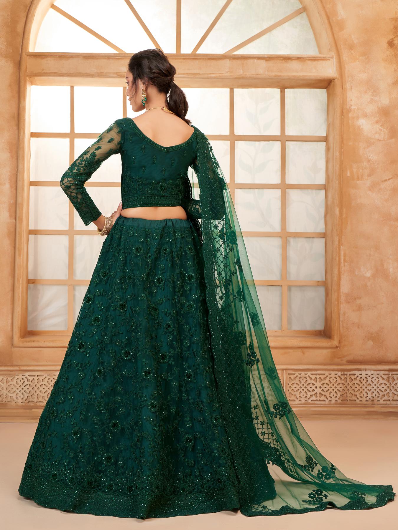 Deep Green Heavy Embroidered Net Lehenga Choli With Dupatta