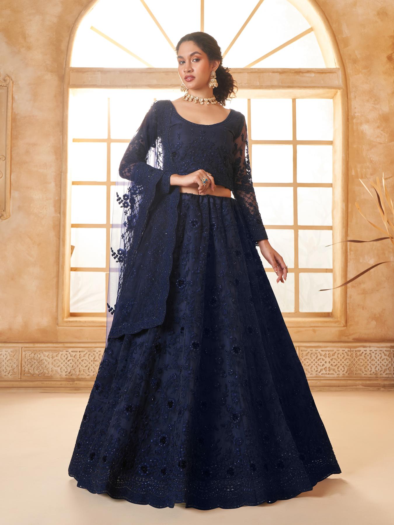 Dark Blue Heavy Embroidered Net Lehenga Choli With Dupatta