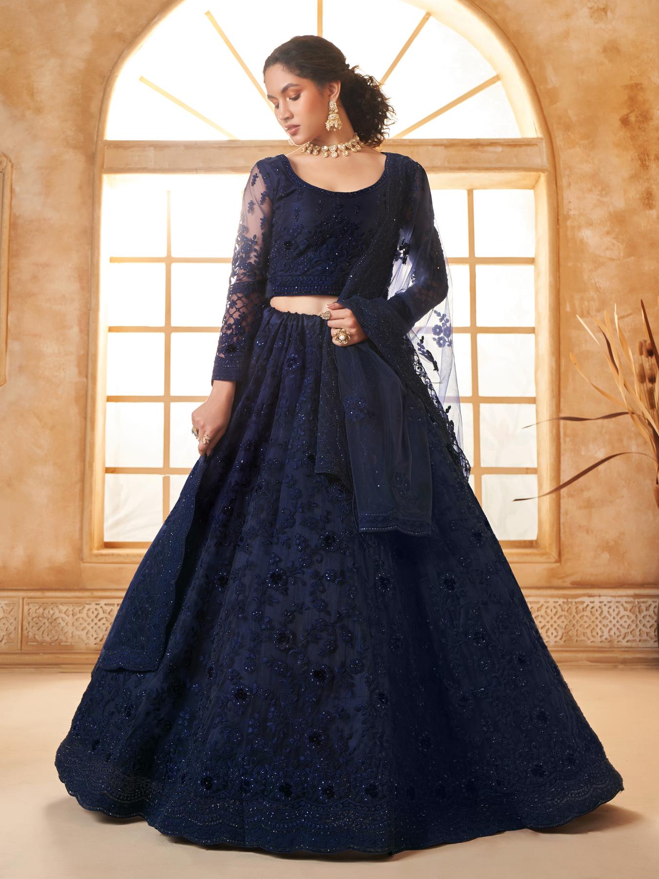 Dark Blue Heavy Embroidered Net Lehenga Choli With Dupatta