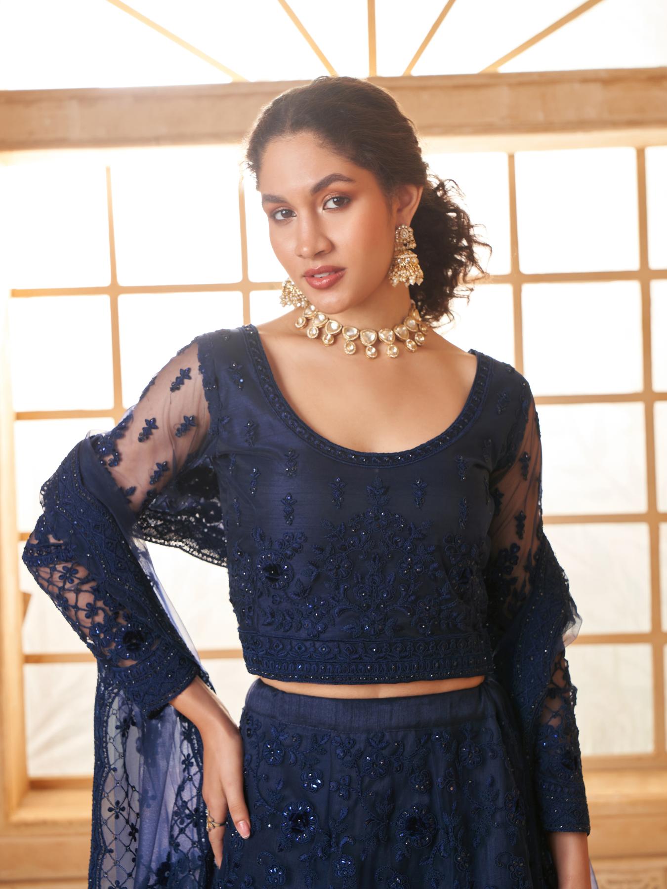 Dark Blue Heavy Embroidered Net Lehenga Choli With Dupatta