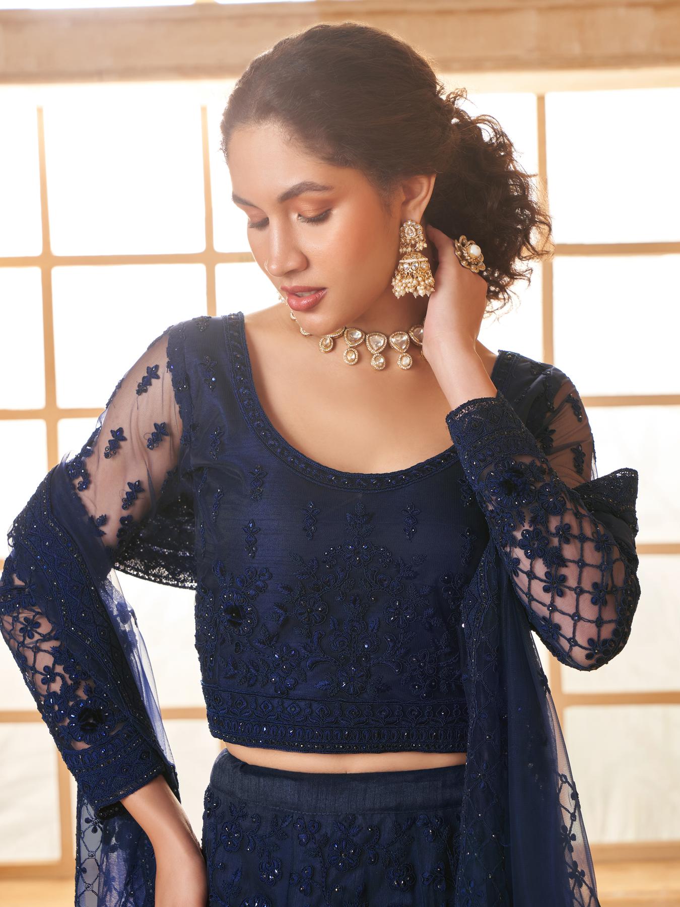 Dark Blue Heavy Embroidered Net Lehenga Choli With Dupatta